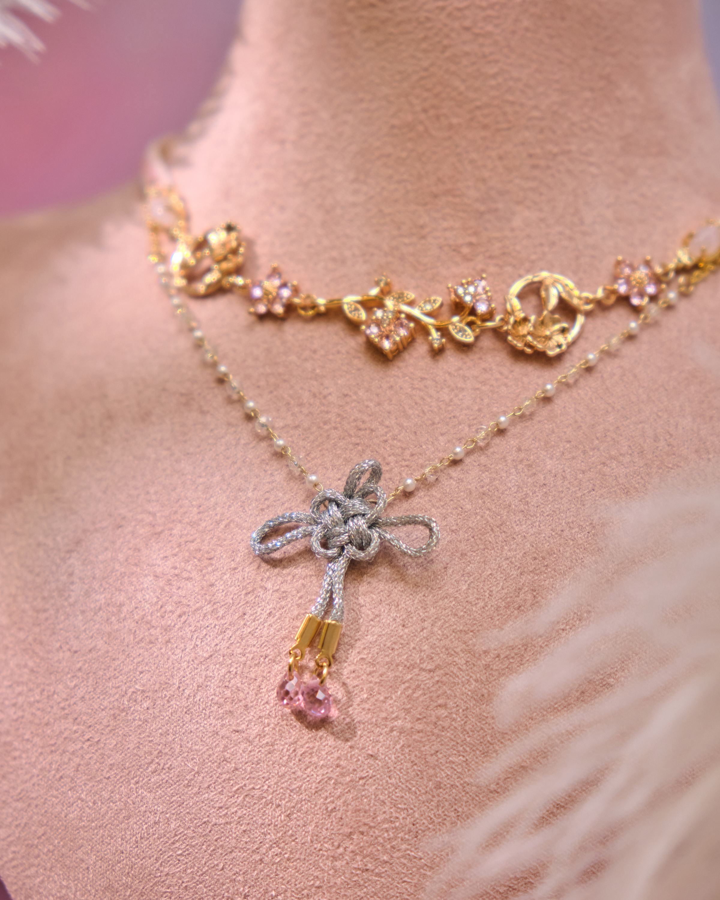 12998 Velvet Knot Crystal Court Choker with S925 Collarbone Chain