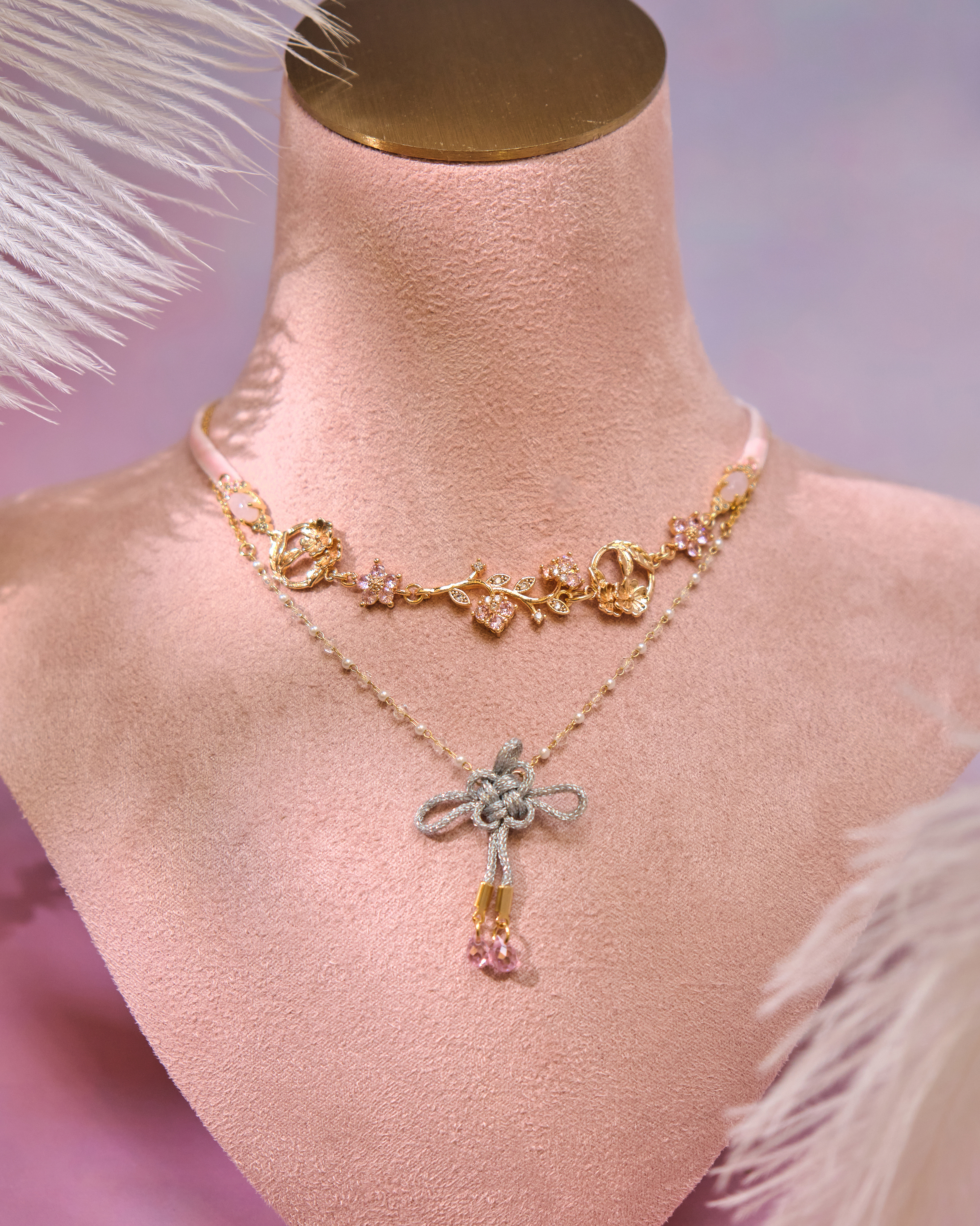 12998 Velvet Knot Crystal Court Choker with S925 Collarbone Chain