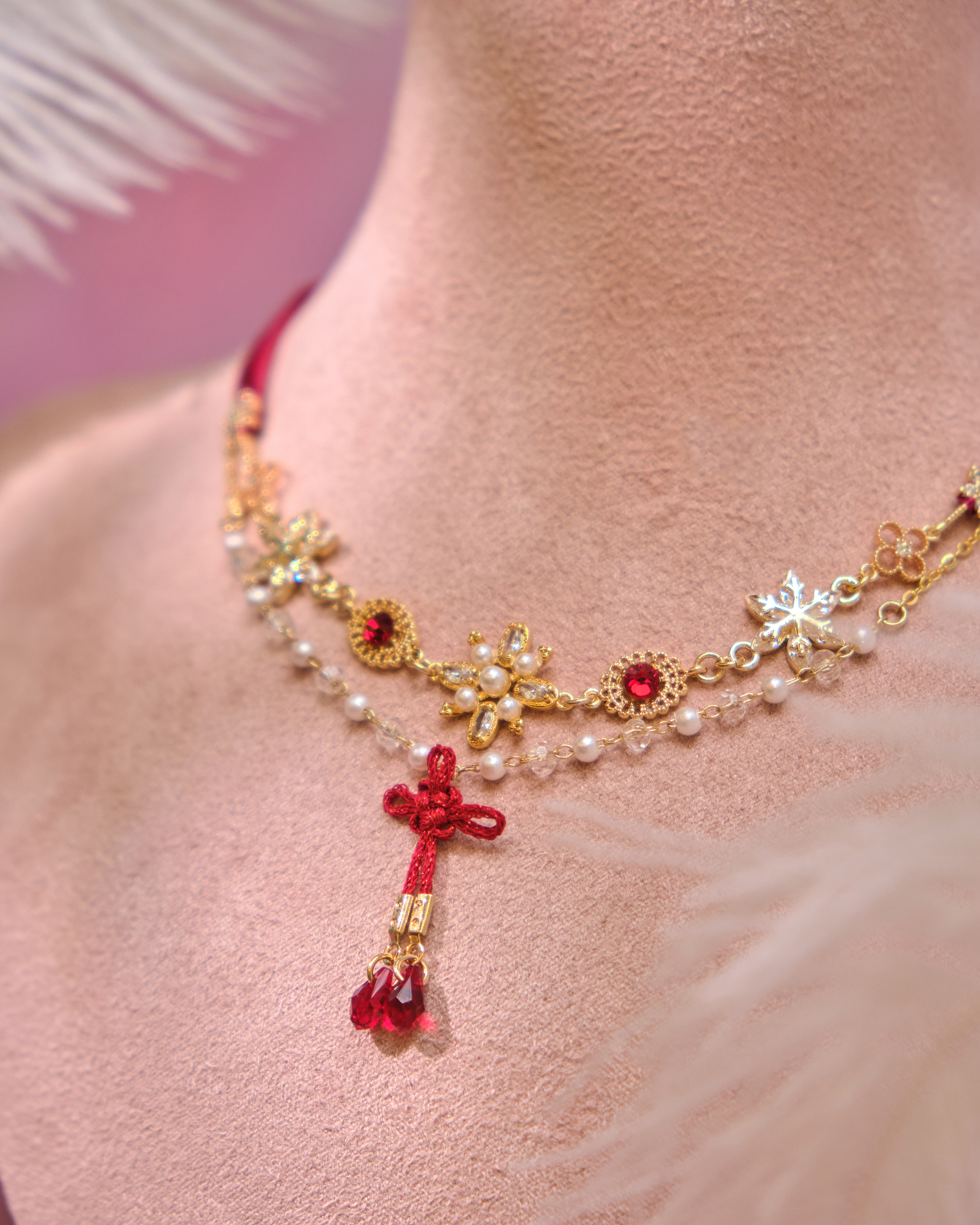 12999 Velvet Knot Crystal Court Choker with S925 Collarbone Chain