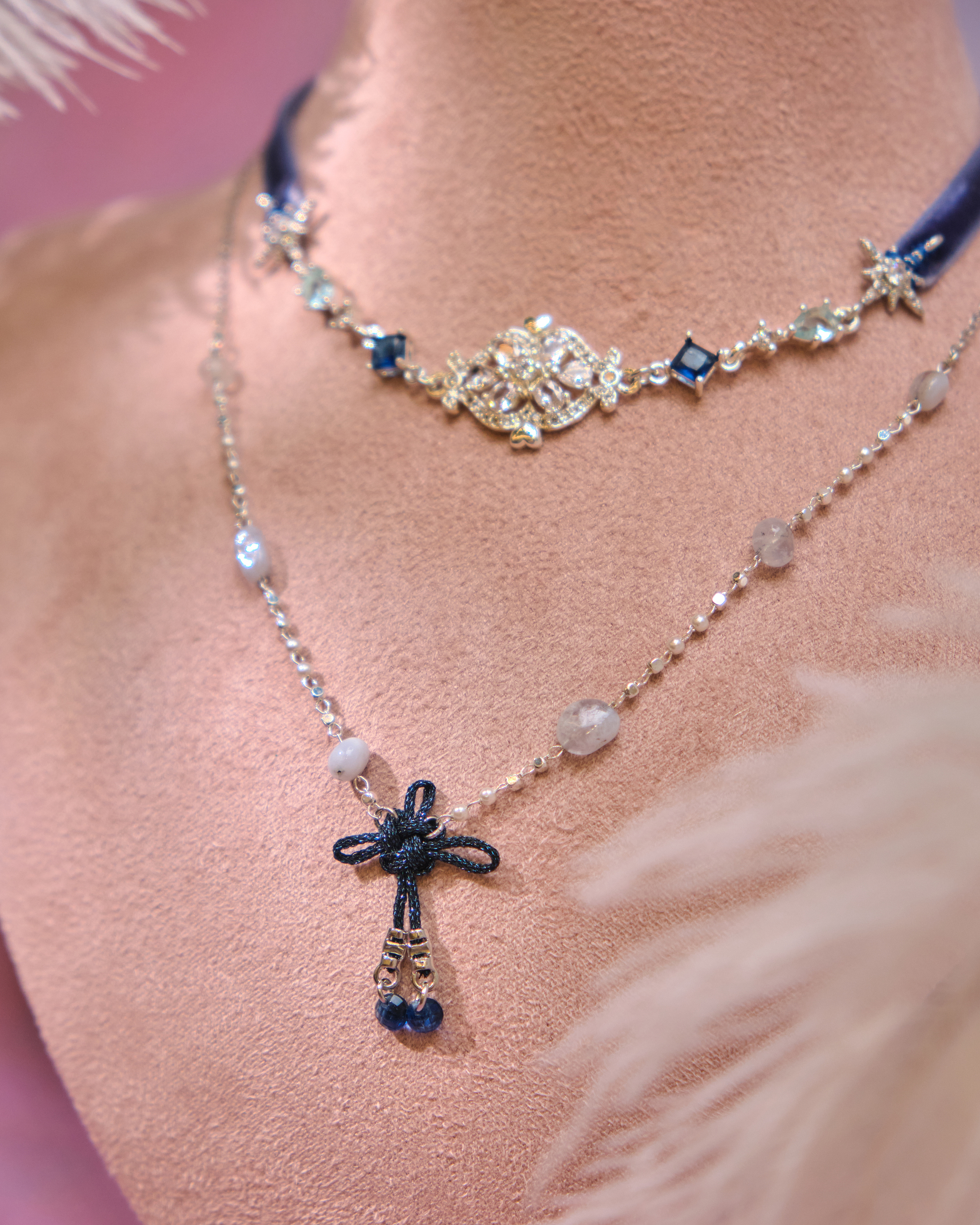 12997 Velvet Knot Crystal Court Choker with S925 Collarbone Chain