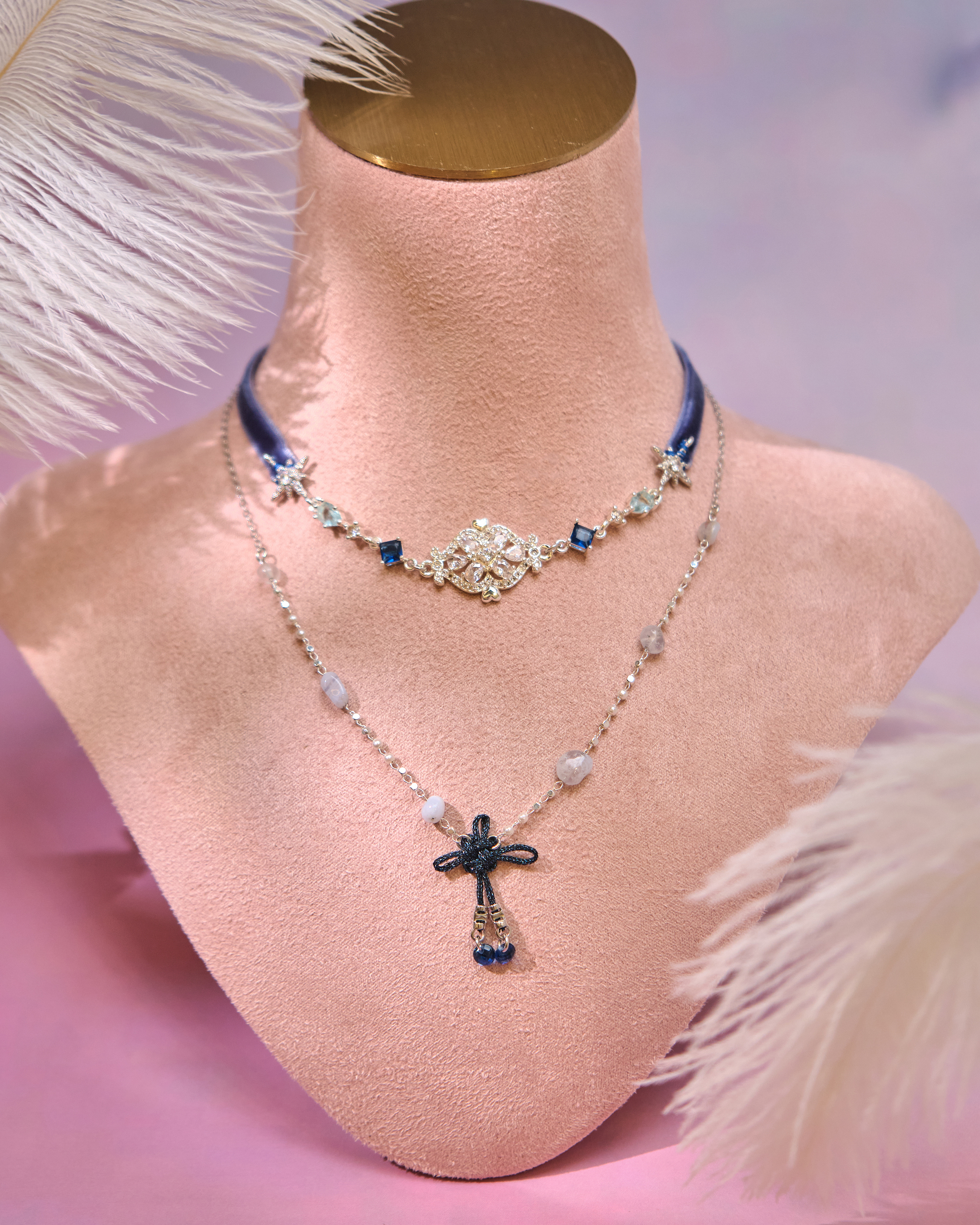 12997 Velvet Knot Crystal Court Choker with S925 Collarbone Chain