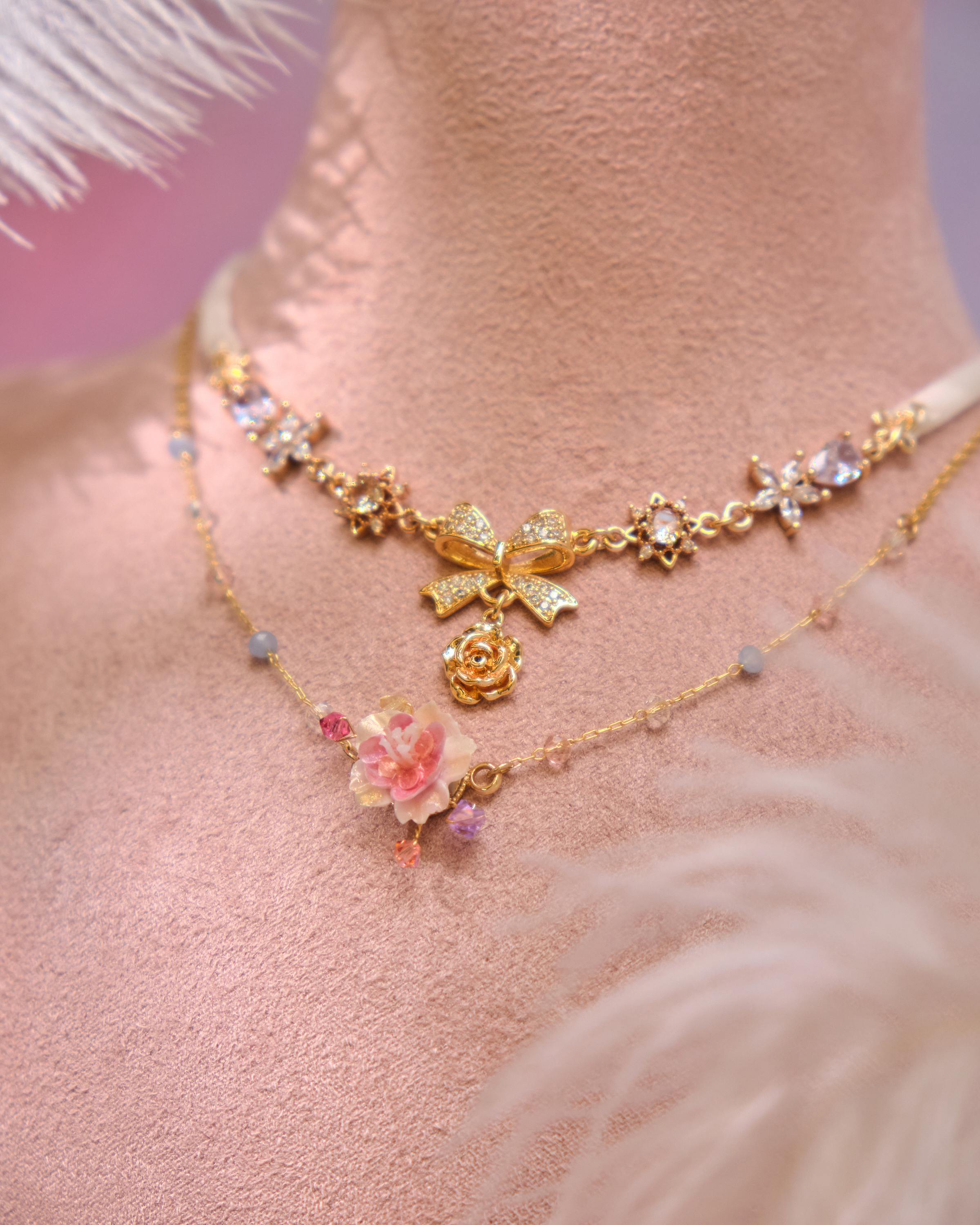 12996 Velvet Knot Crystal Court Choker with S925 Collarbone Chain