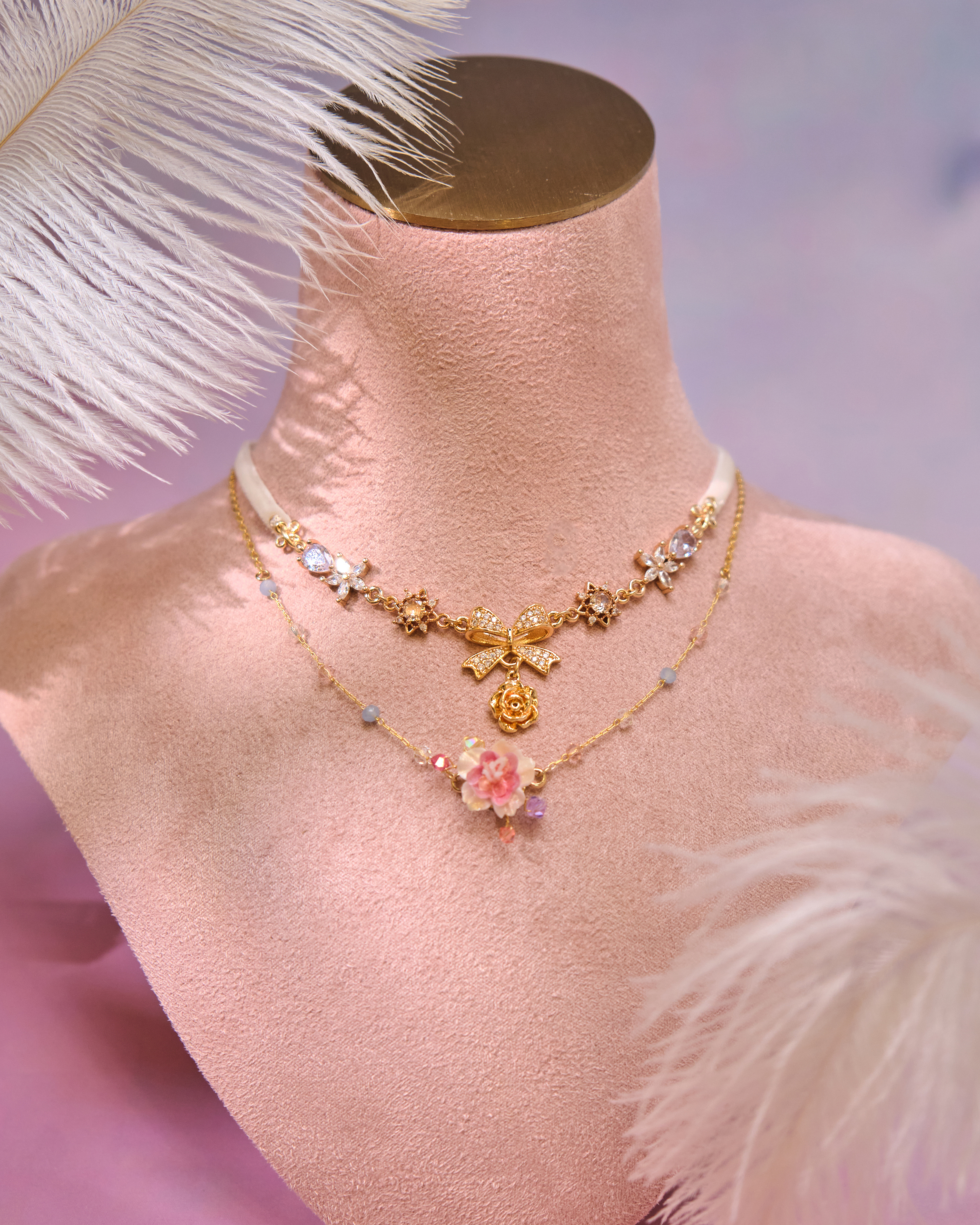 12996 Velvet Knot Crystal Court Choker with S925 Collarbone Chain