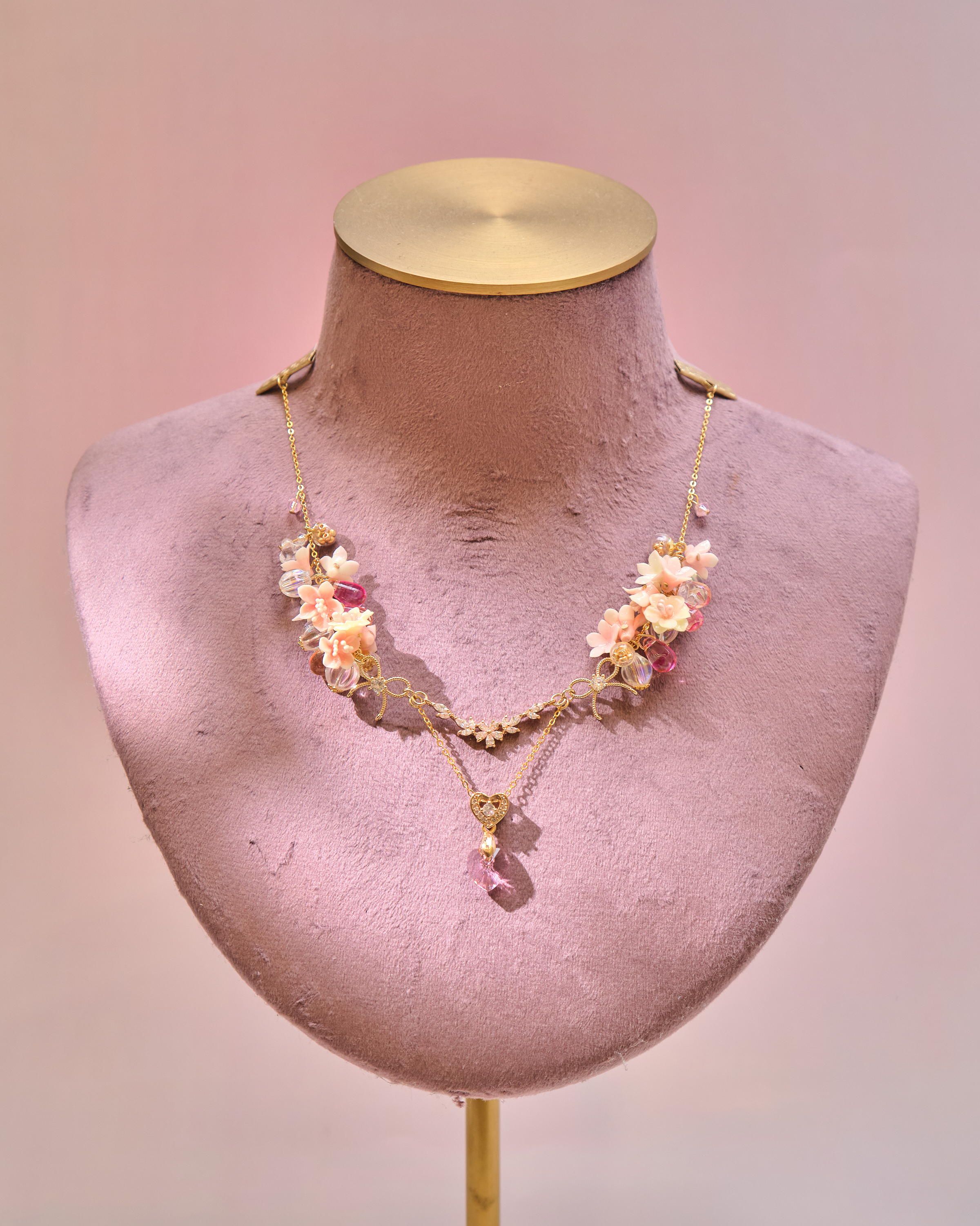 12991 雙生花束緞帶蝶結S925鎖骨項鏈