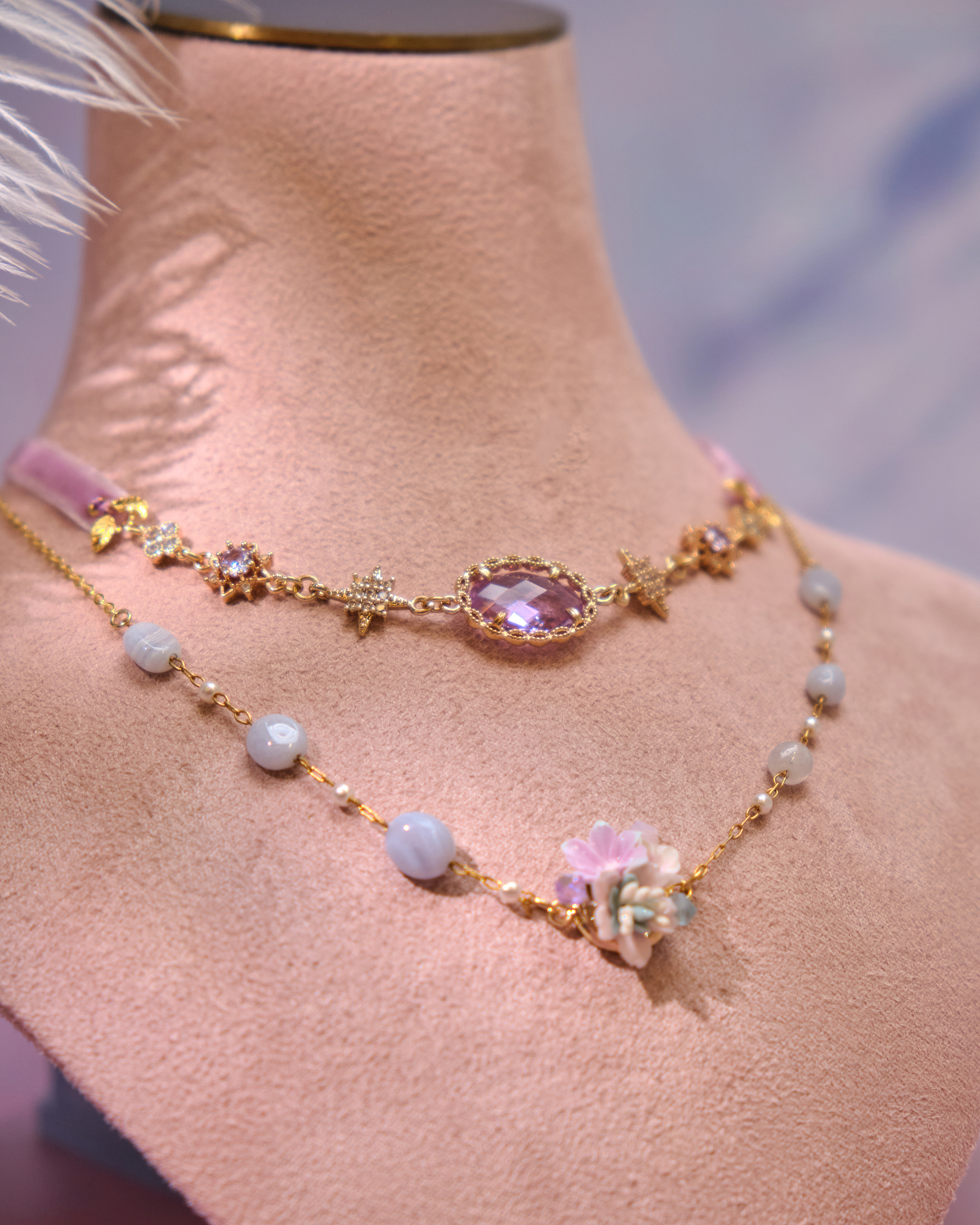 12995 Velvet Knot Crystal Court Choker with S925 Collarbone Chain