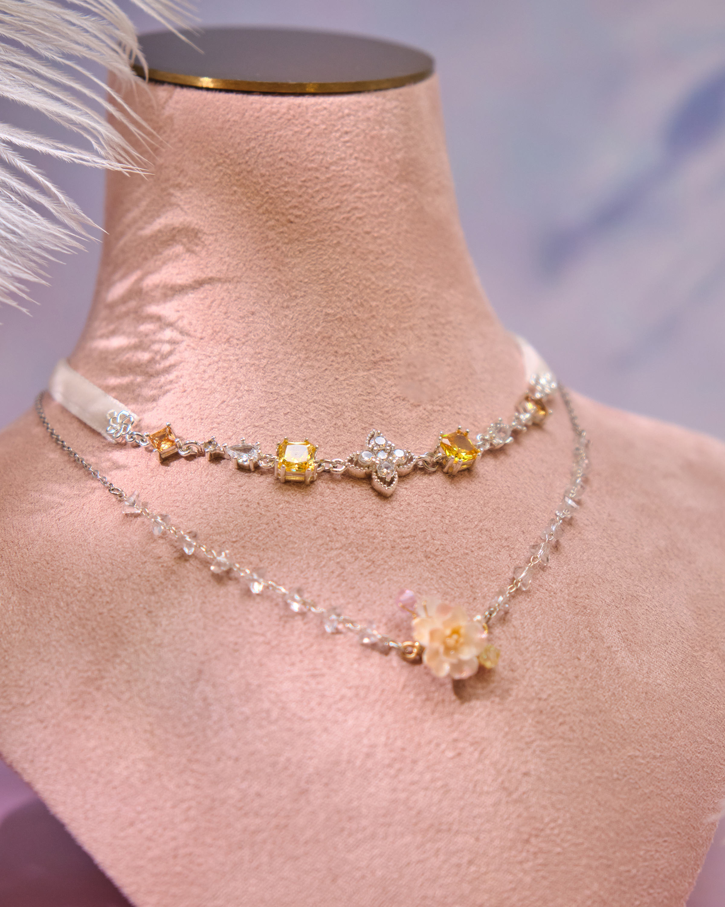 12994 絲絨繩結水晶宮廷頸圈連S925鎖骨項鏈