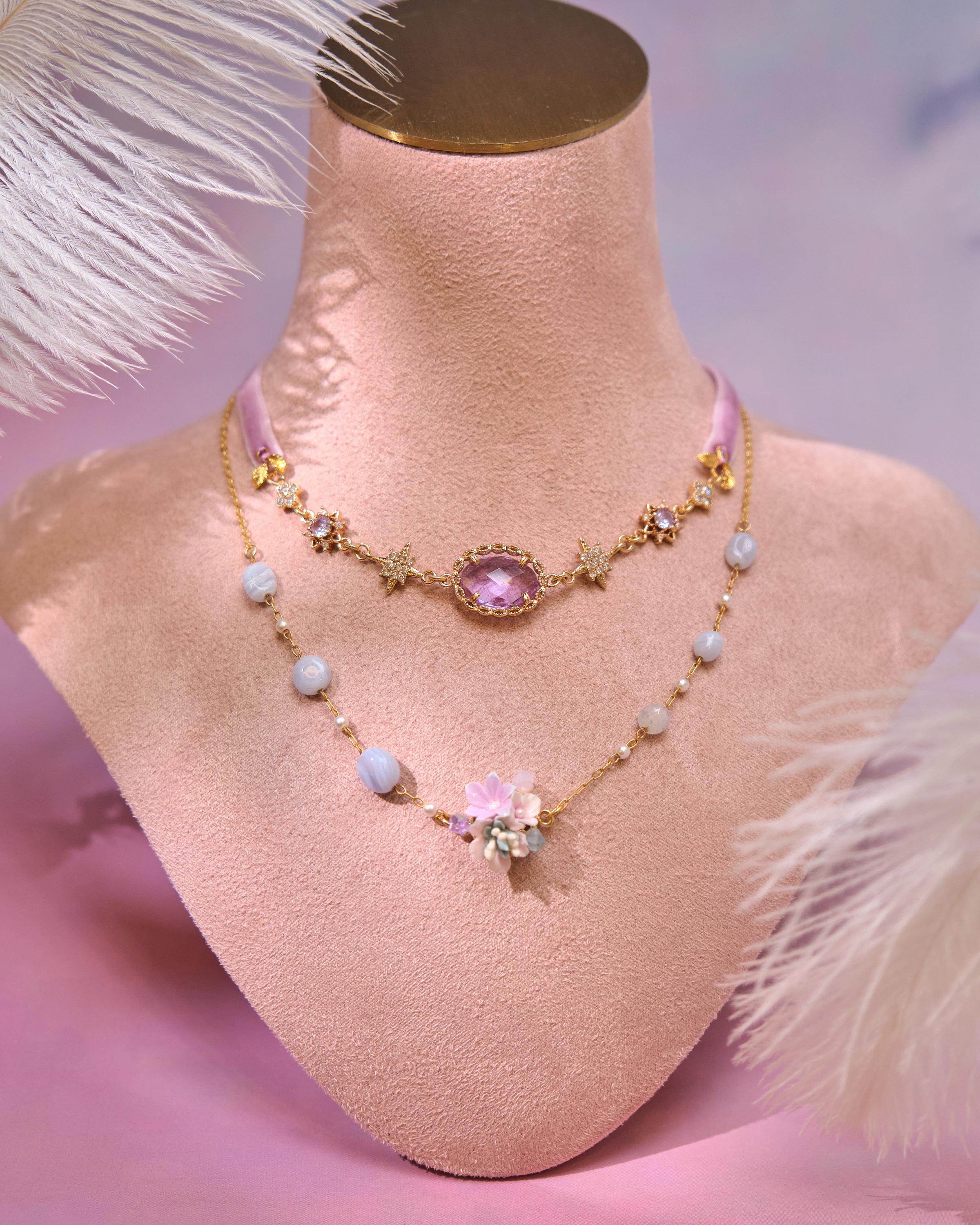 12995 Velvet Knot Crystal Court Choker with S925 Collarbone Chain