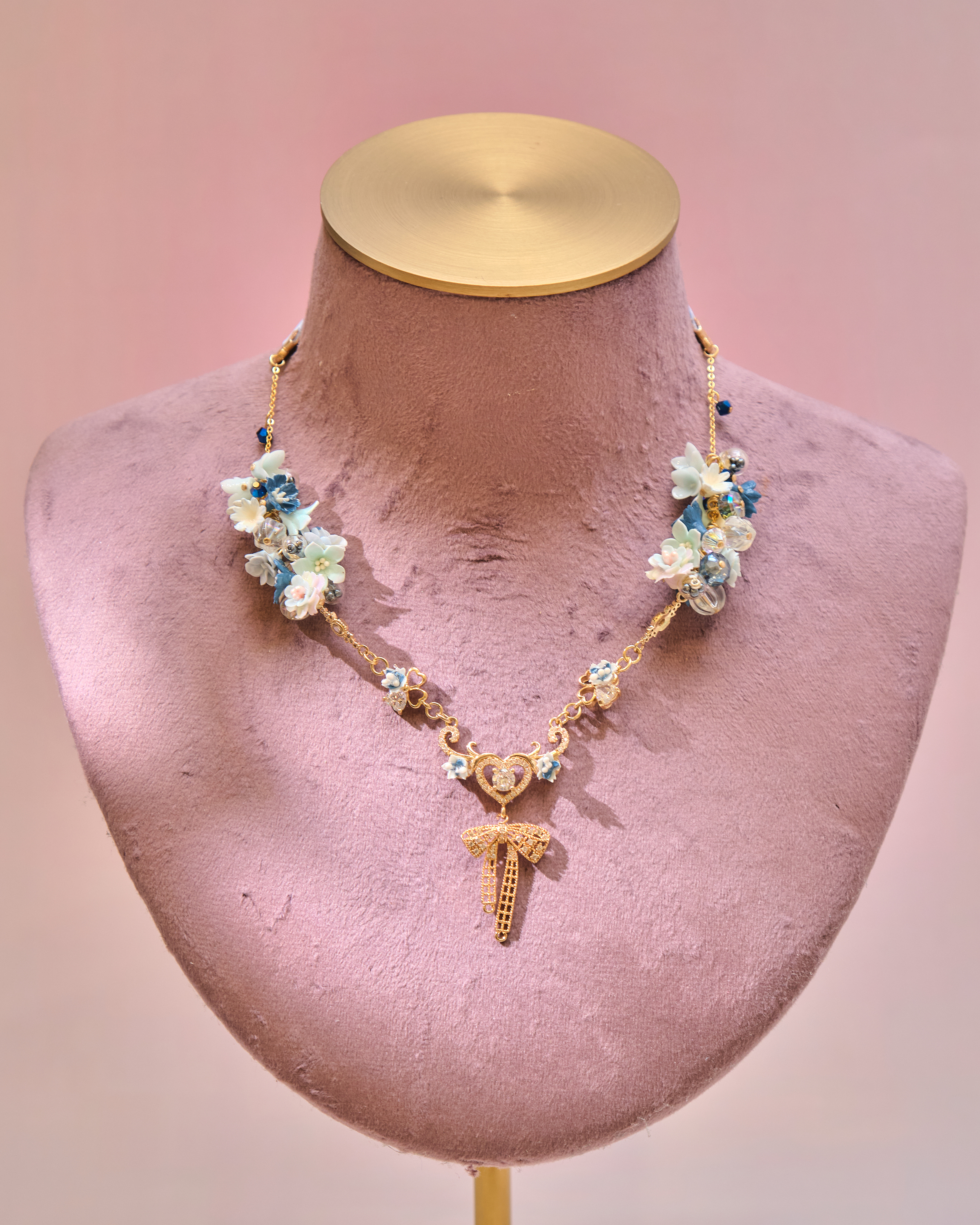 12993 雙生花束緞帶蝶結S925鎖骨項鏈