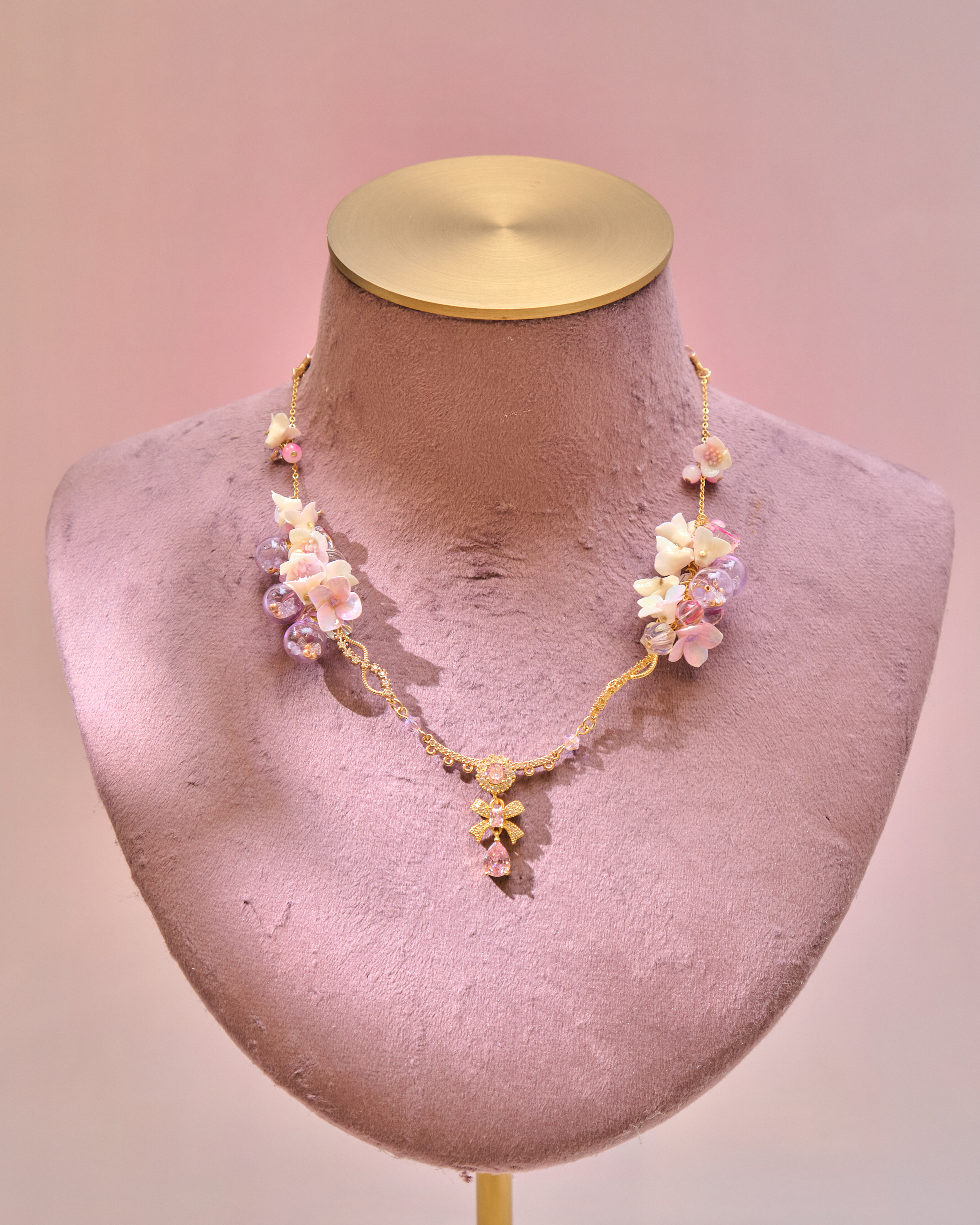 12992 雙生花束緞帶蝶結S925鎖骨項鏈