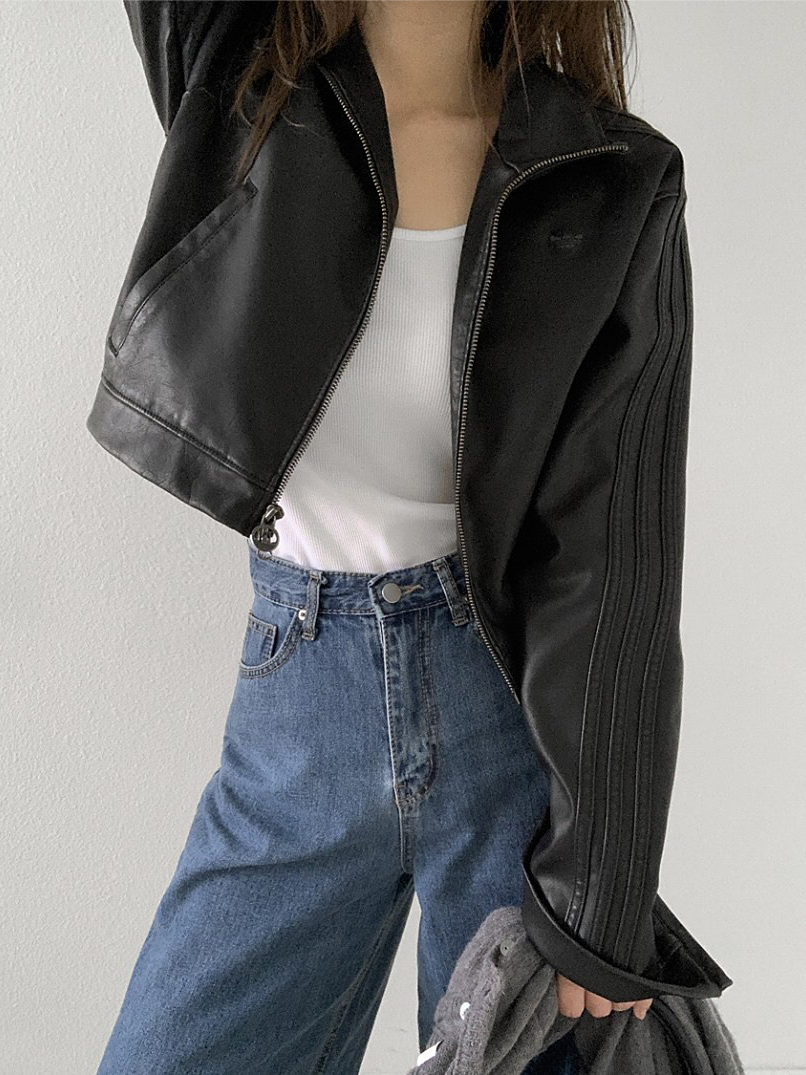 代購-Adidas Originals  拉鍊短款寬松 皮外套 JW7267