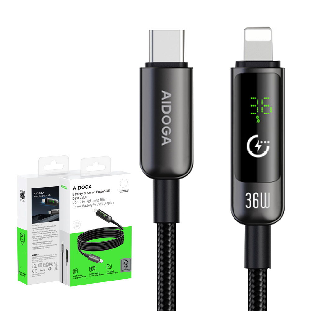 AIDOGA 艾迪伽 電量顯示/智能斷電/補電/功率數顯 PD/Lightning/Type-C/iPhone充電線傳輸線快充線 BatteryS系列 1.2M