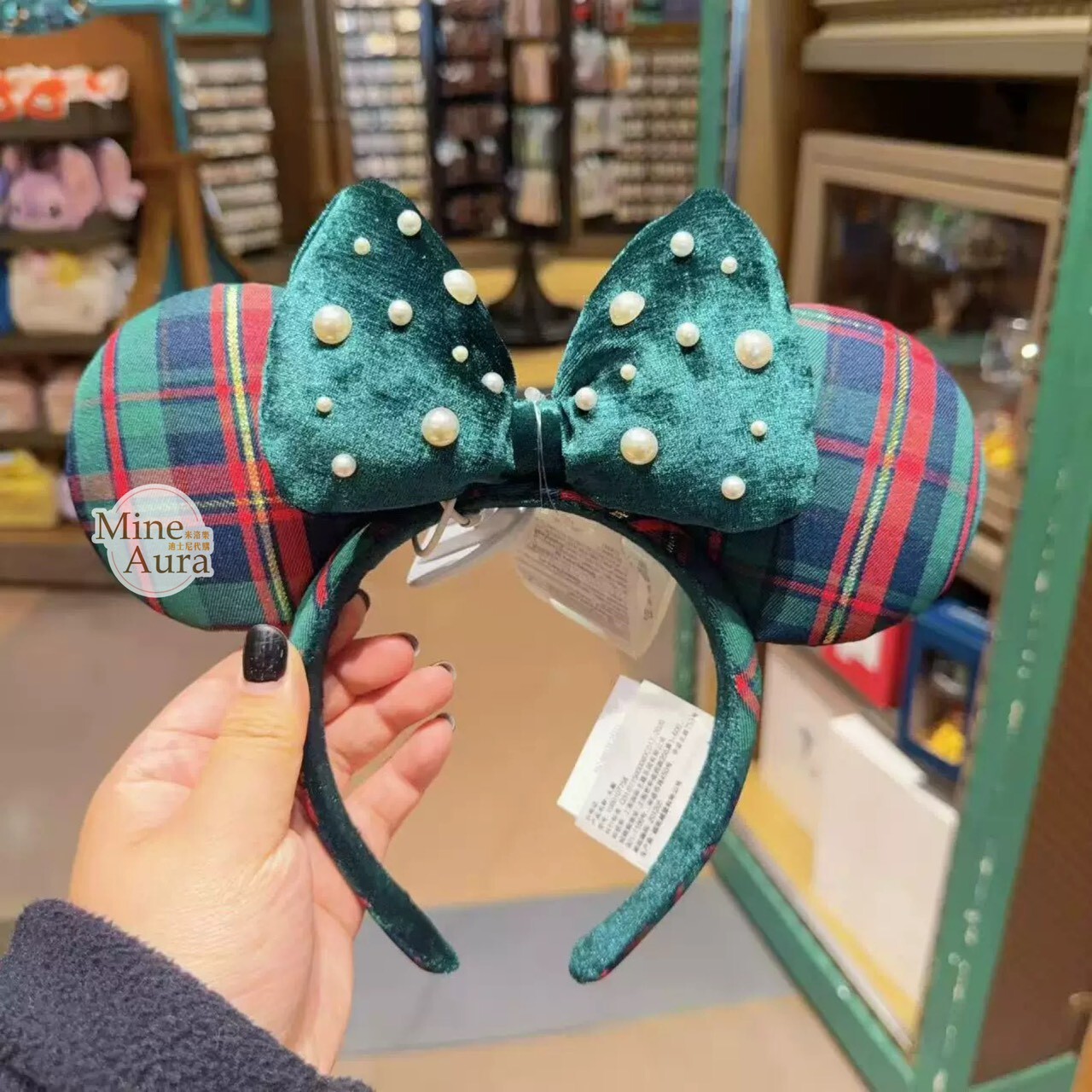 聖誕圓舞曲系列 米奇和朋友們系列 米妮 Minnie 立體耳朵 格紋 造型 髮圈 髮箍 -上海迪士尼樂園