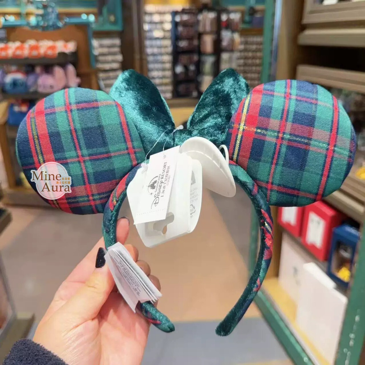 聖誕圓舞曲系列 米奇和朋友們系列 米妮 Minnie 立體耳朵 格紋 造型 髮圈 髮箍 -上海迪士尼樂園