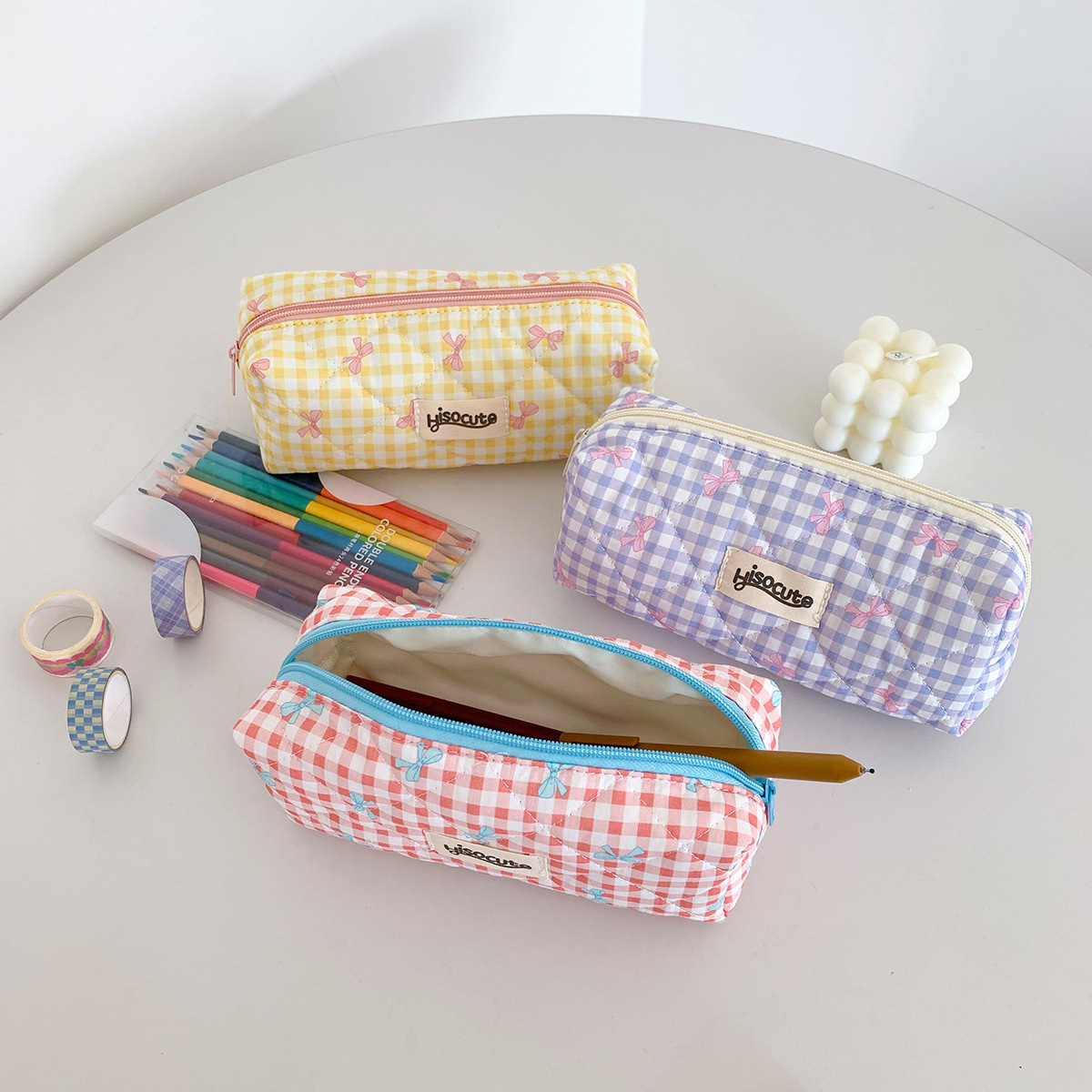 Korean Cream Plaid Stationery & Makeup Pouch
