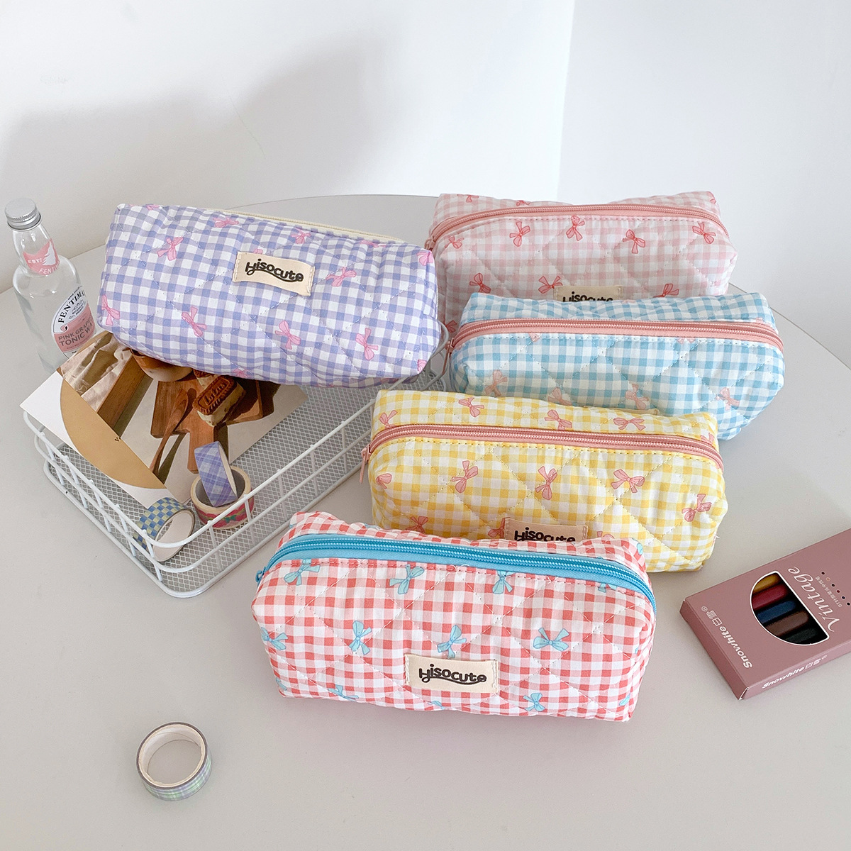Korean Cream Plaid Stationery & Makeup Pouch