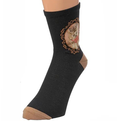 貓咪刺繡透紗短襪