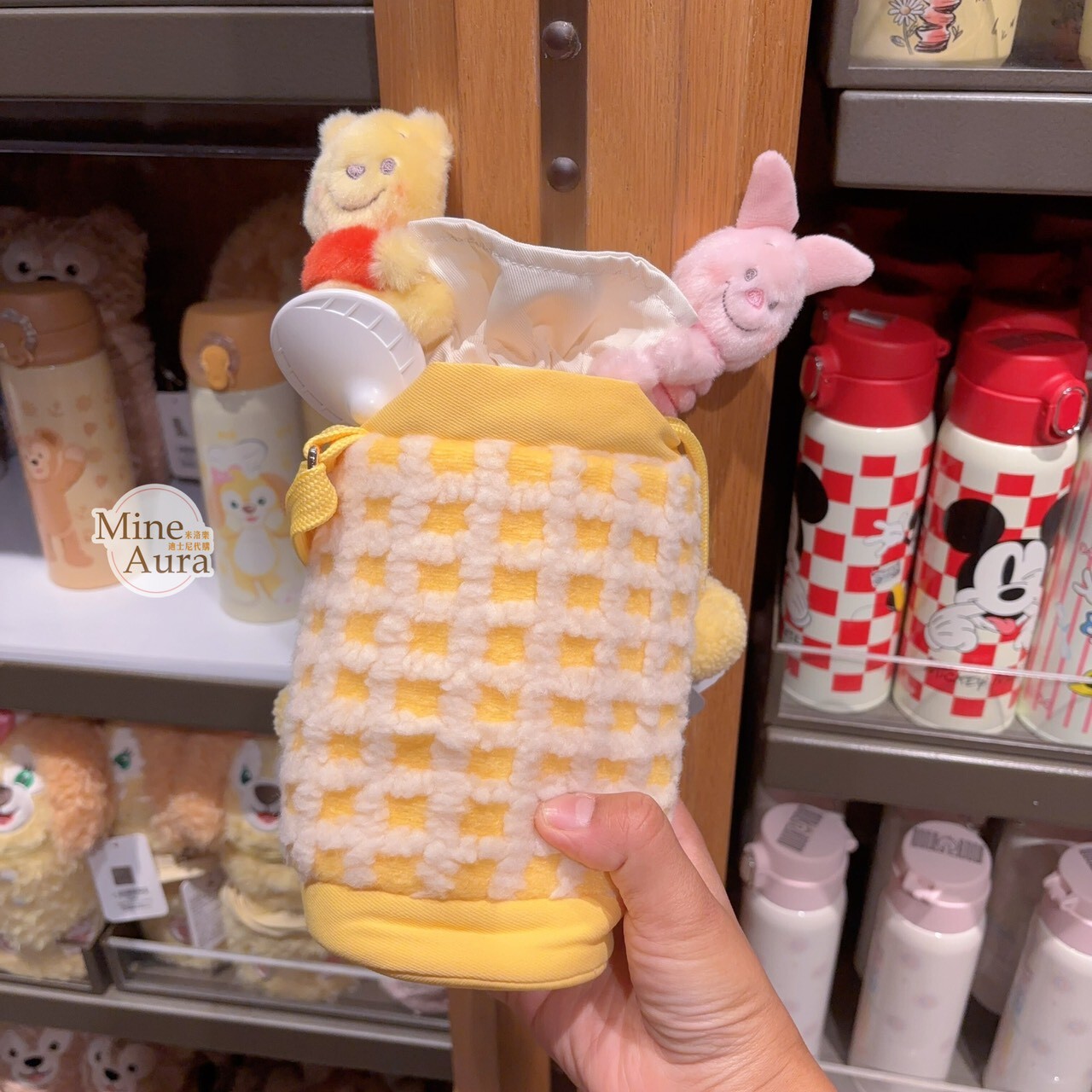 小熊維尼 Winnie the Pooh 小豬 皮傑 piglet 保溫瓶 水杯 + 格紋 造型杯套 -上海迪士尼樂園