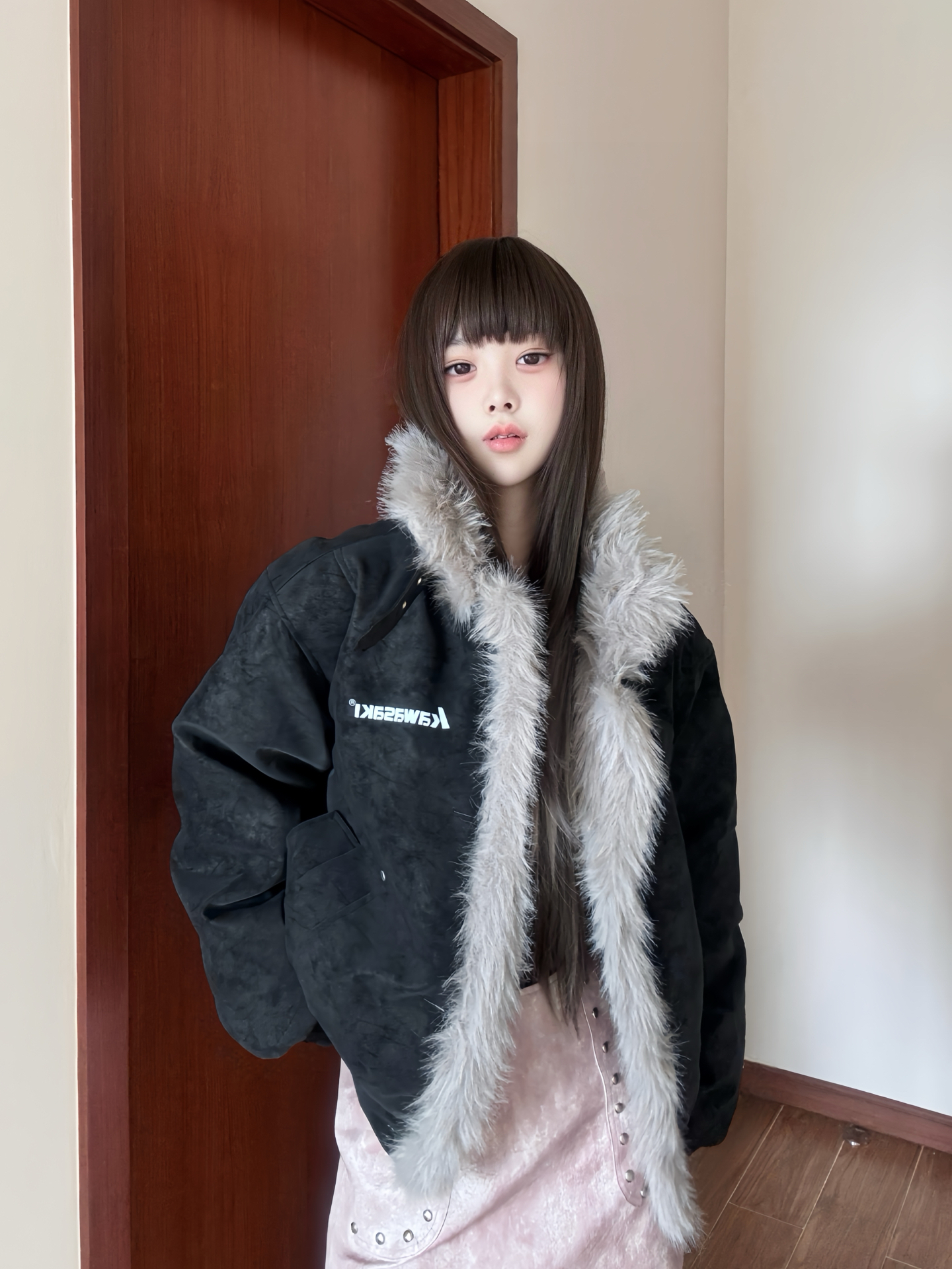 代購-Kawasaki川崎 美式翻领扎染 復古美拉德 加絨加厚 保暖防風 刷毛皮外套