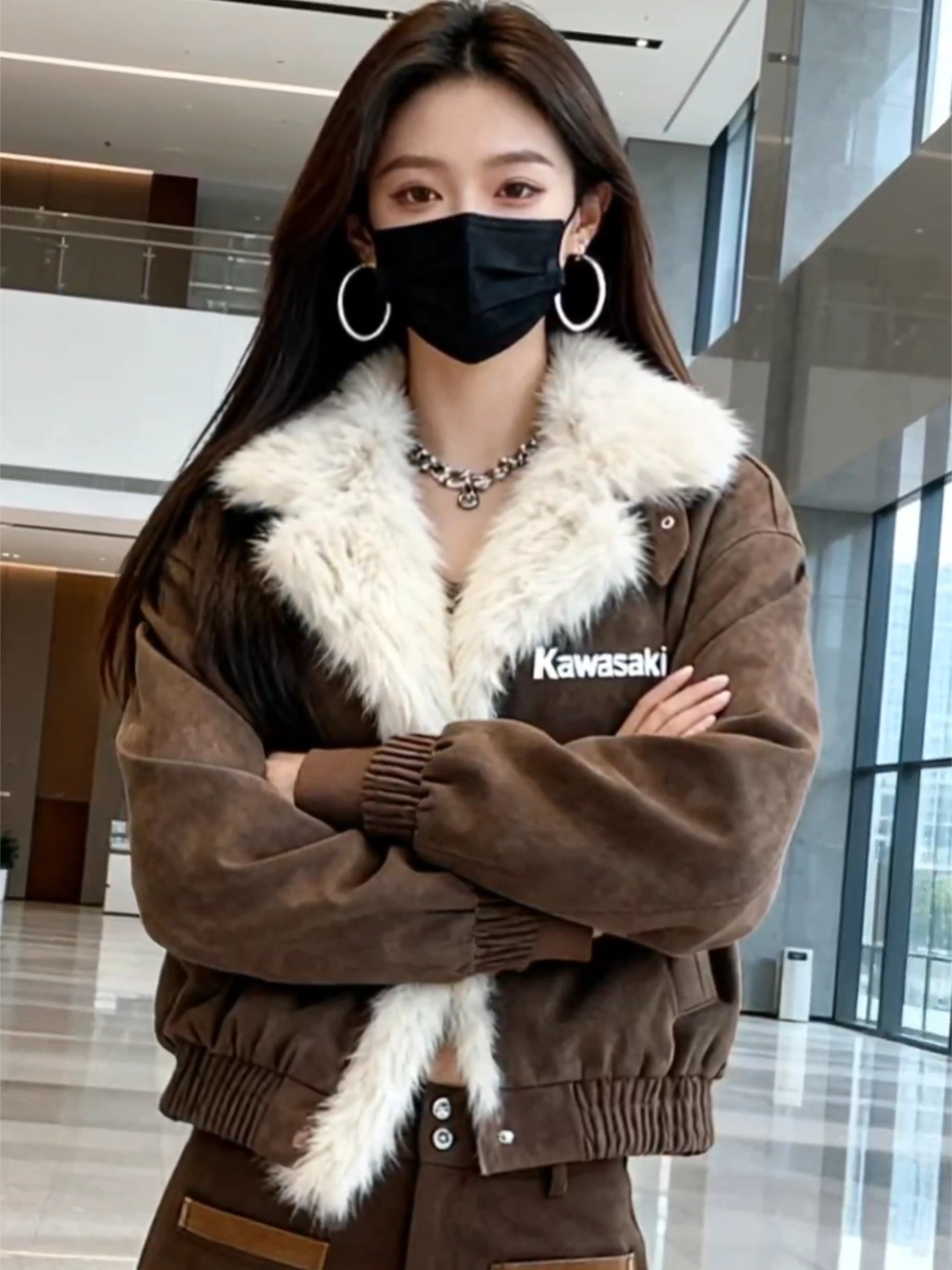 代購-Kawasaki川崎 美式翻领扎染 復古美拉德 加絨加厚 保暖防風 刷毛皮外套