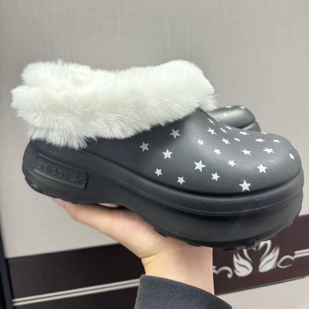 ADIFOAM STAN SMITH MULE 毛毛保暖 穆勒拖鞋 增高 廚師鞋 黑色/粉色 IE4626 IE7052