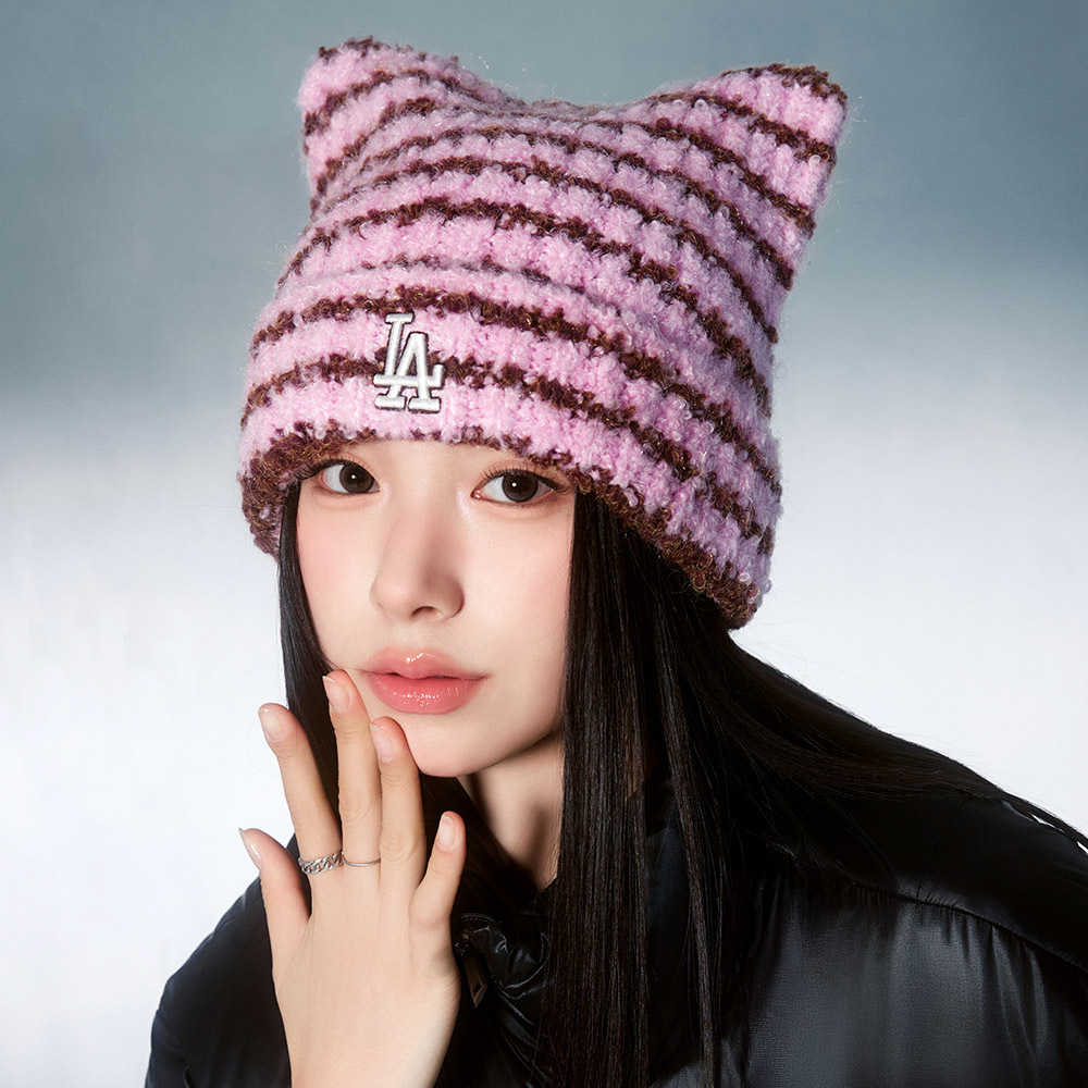 MLB 條紋貓耳針織毛帽 黑白 紐約洋基隊3ABNB1656-50BKS / 粉 洛杉磯道奇隊3ABNB1656-07PKS