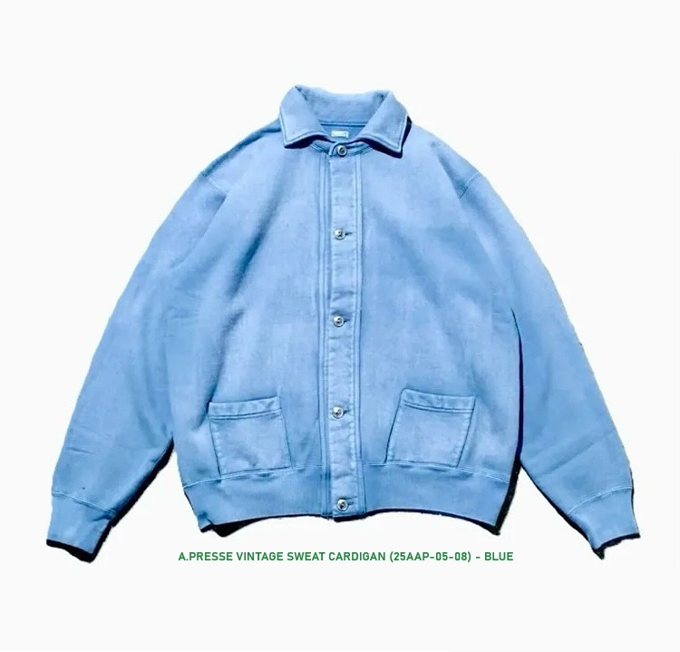 11/23 RE-STOCK: A.PRESSE 2025 A/W VINTAGE SWEAT CARDIGAN (25AAP-05-08) - BLUE PRE ORDER ITEM (預訂中)
