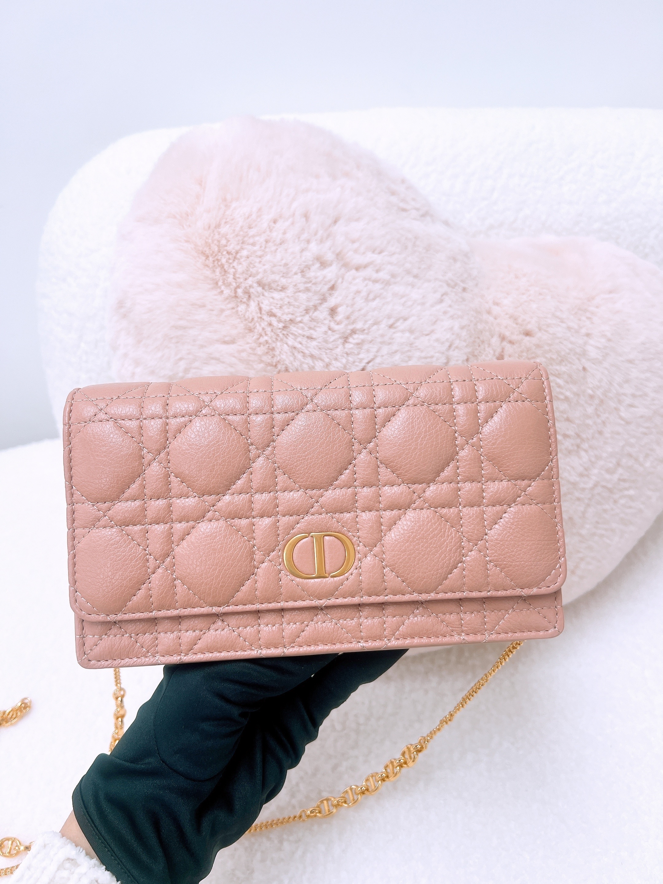 Dior caro wallet on chain / woc / pouch with chain (dusty pink)
