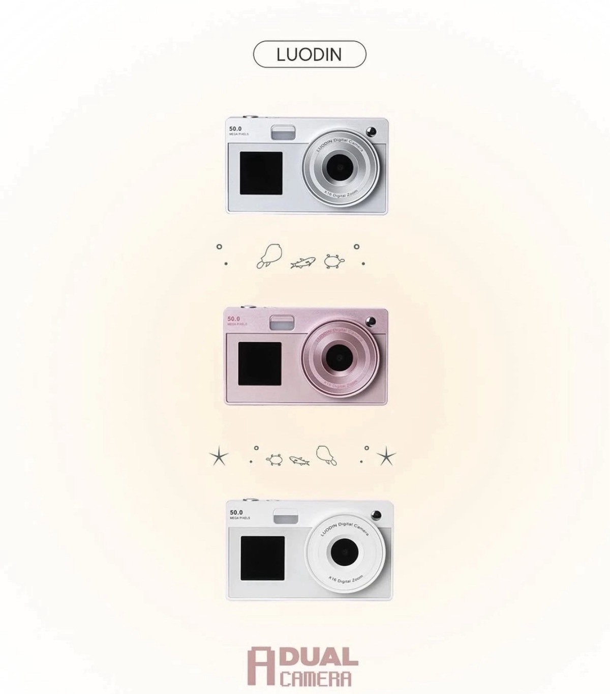 LUODIN 復古雙螢幕CCD相機 | 多濾鏡電影感相機 (銀/白/粉)