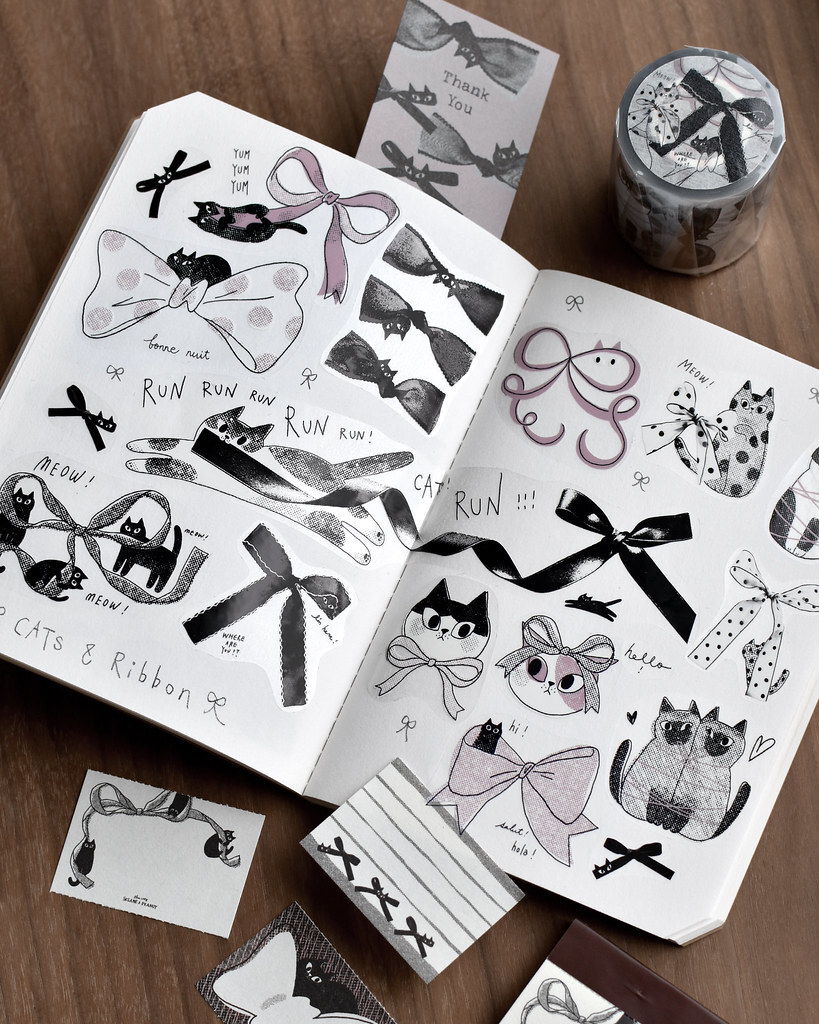 大芝麻小花生．貓貓蝴蝶結 4.5cm霧面PET膠帶 <整捲/分裝>