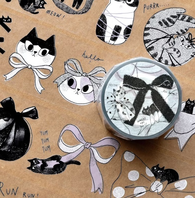 大芝麻小花生．貓貓蝴蝶結 4.5cm霧面PET膠帶 <整捲/分裝>