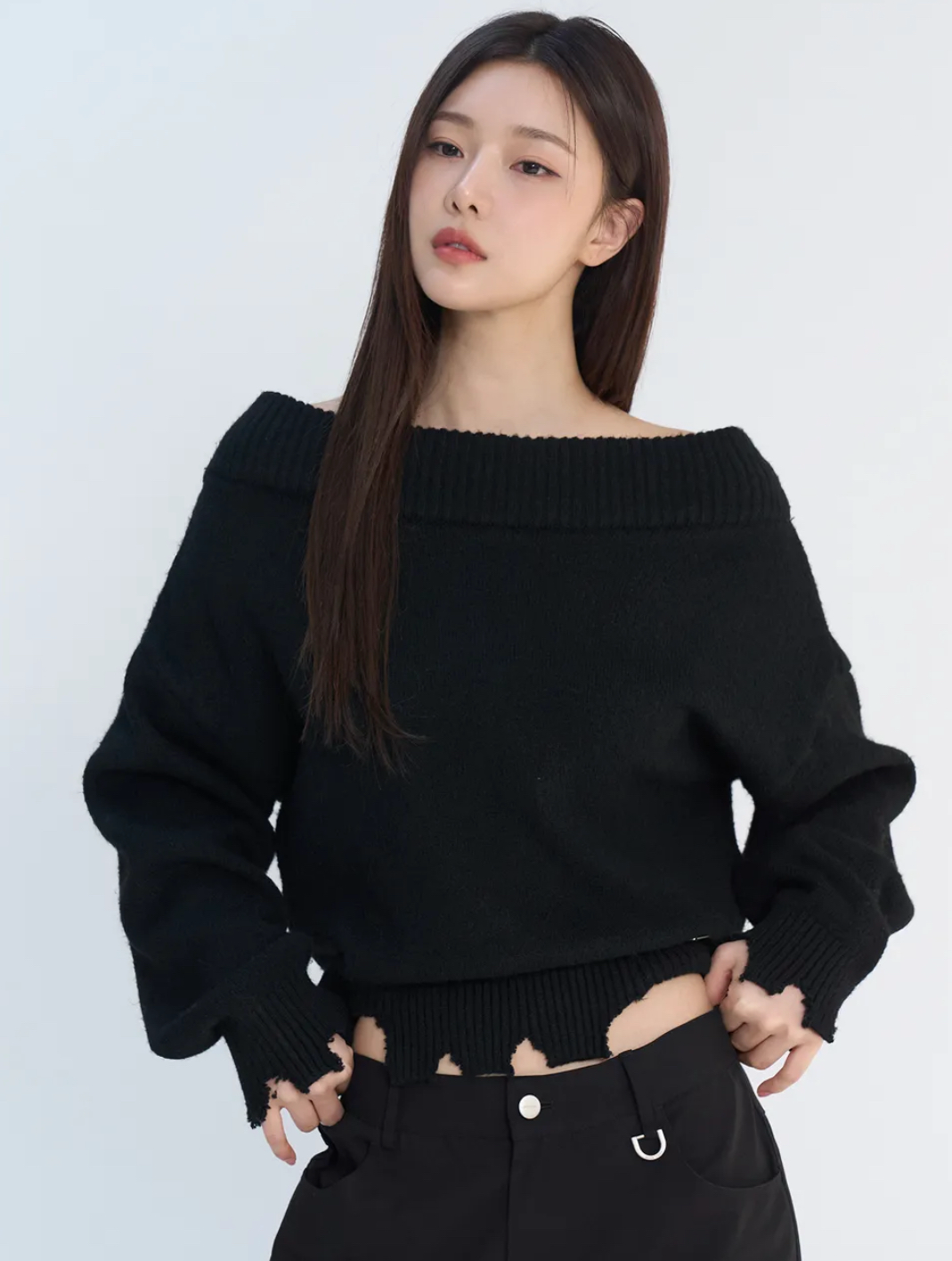rockcake - Off Shoulder Damaged Knit (Black)