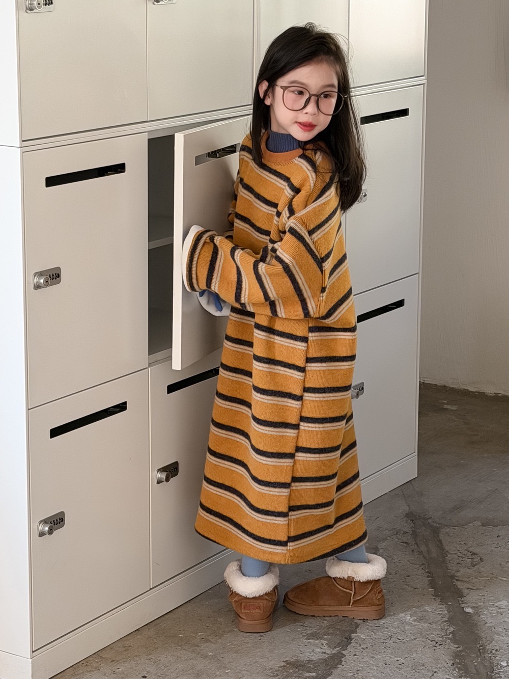 慵懶風撞色條紋針織長洋裝