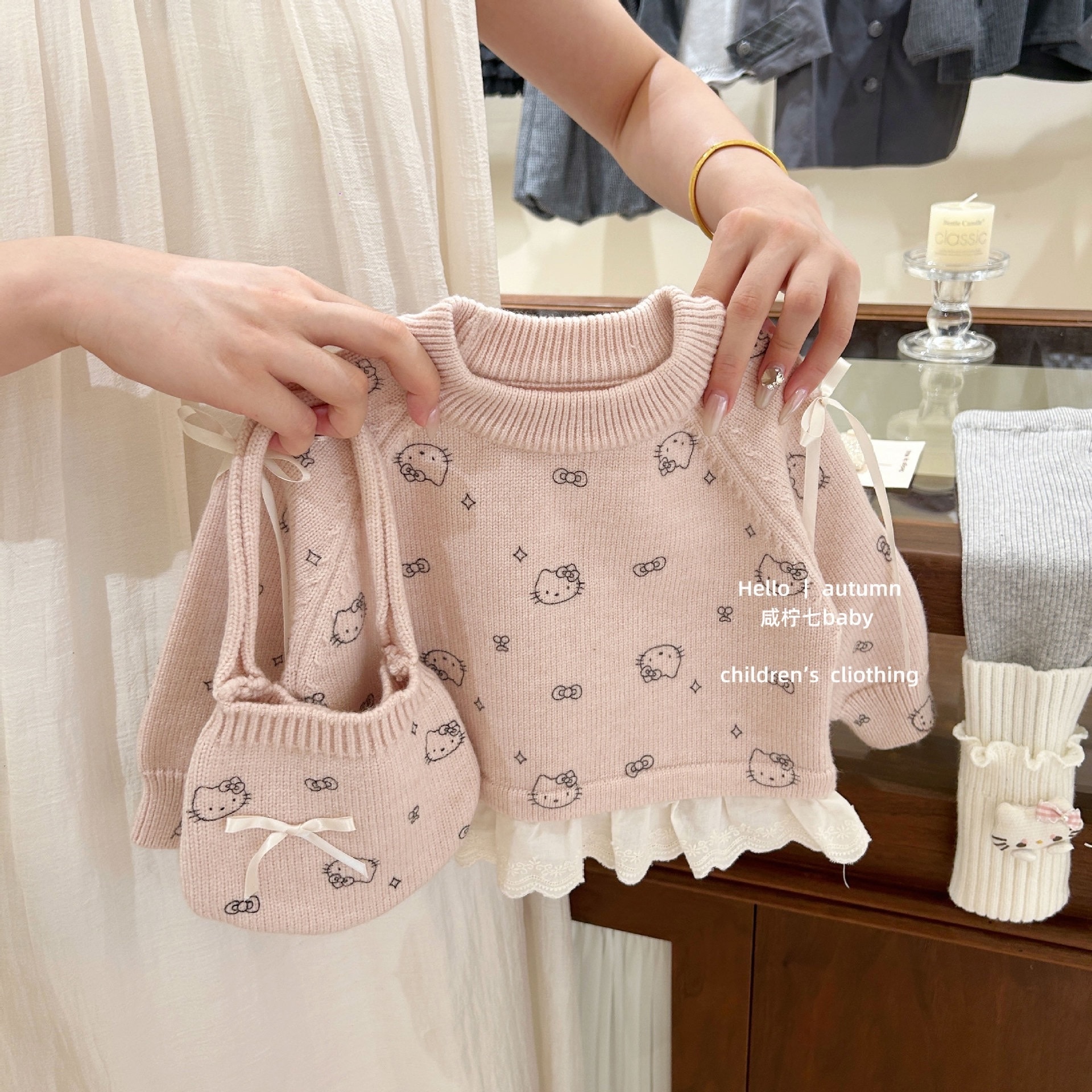 滿版小貓針織上衣/灰色小貓內搭褲