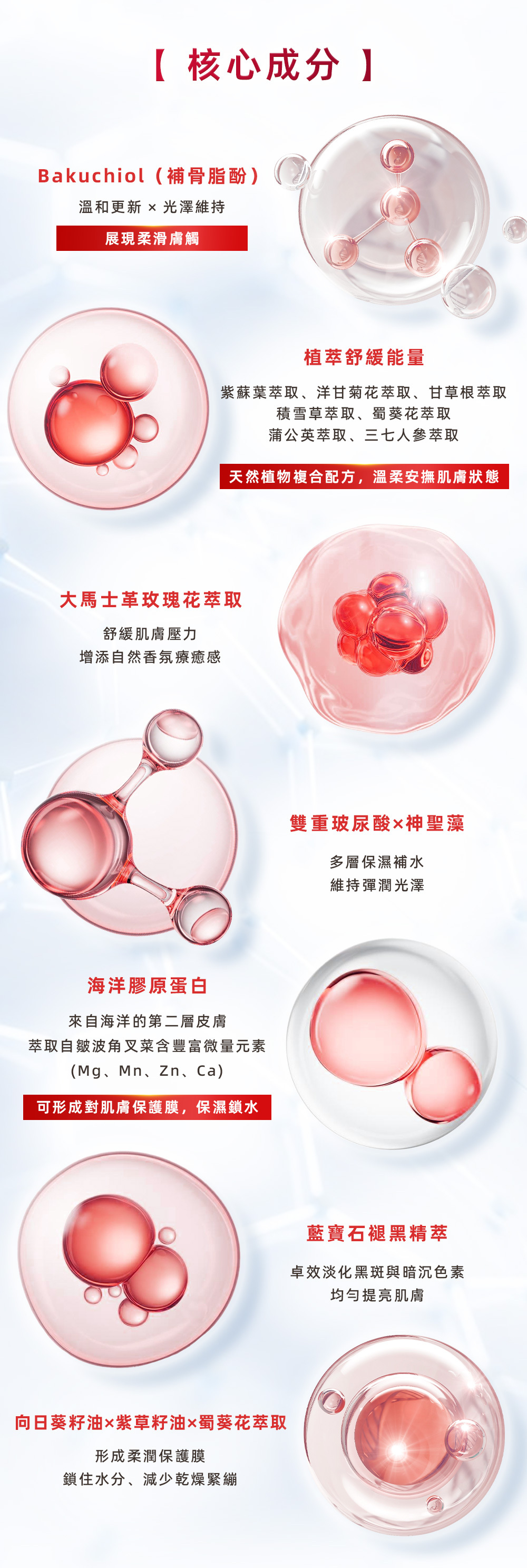 核心成分補骨脂酚&大馬士革玫瑰花萃取&雙重玻尿酸&神聖藻&藍寶石褪黑精萃&向日葵籽油&紫草籽油&蜀葵花萃取&天然植物複合配方