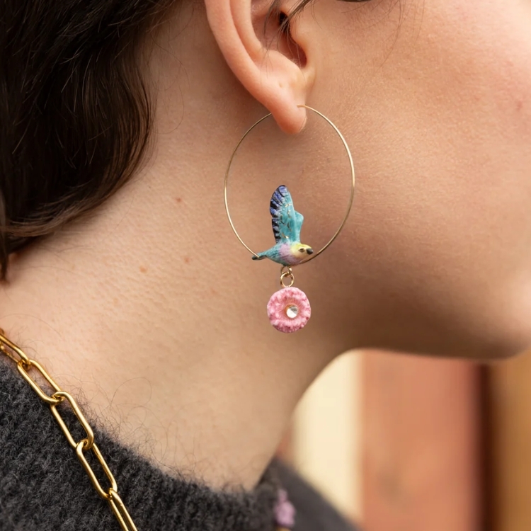粉藍色鳥與薊花大圈型耳環