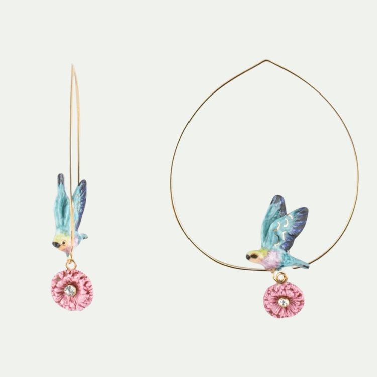 粉藍色鳥與薊花大圈型耳環