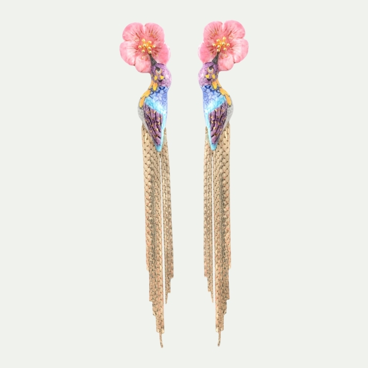 朱紅蜂鳥流蘇瓷耳環