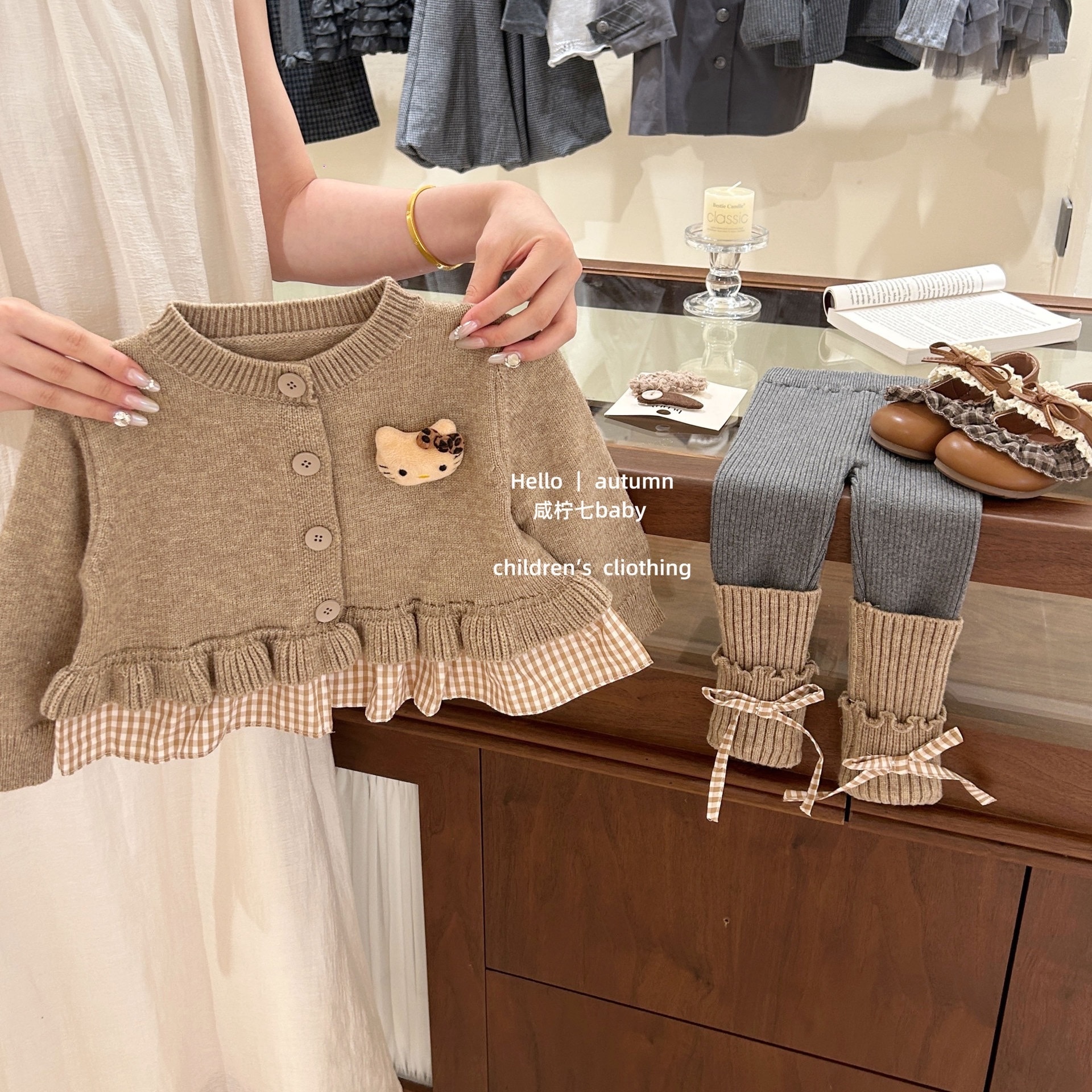 奶咖小貓針織上衣/灰拼咖蝴蝶結針織褲