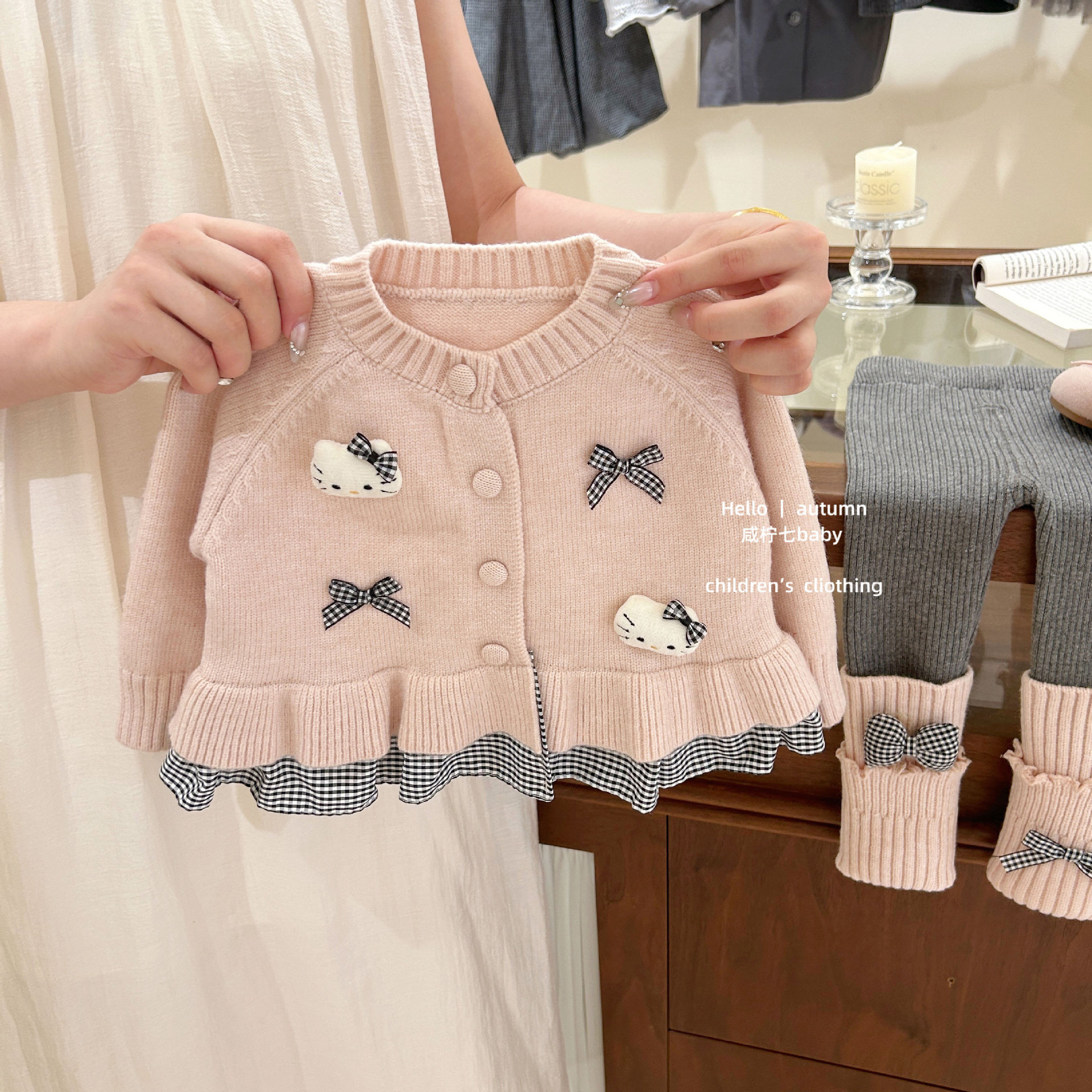 粉粉嫩嫩蝴蝶結小貓針織上衣/灰拼粉內搭褲