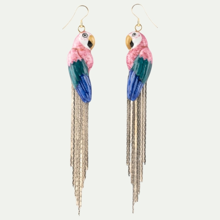 粉鸚鵡流蘇瓷耳環