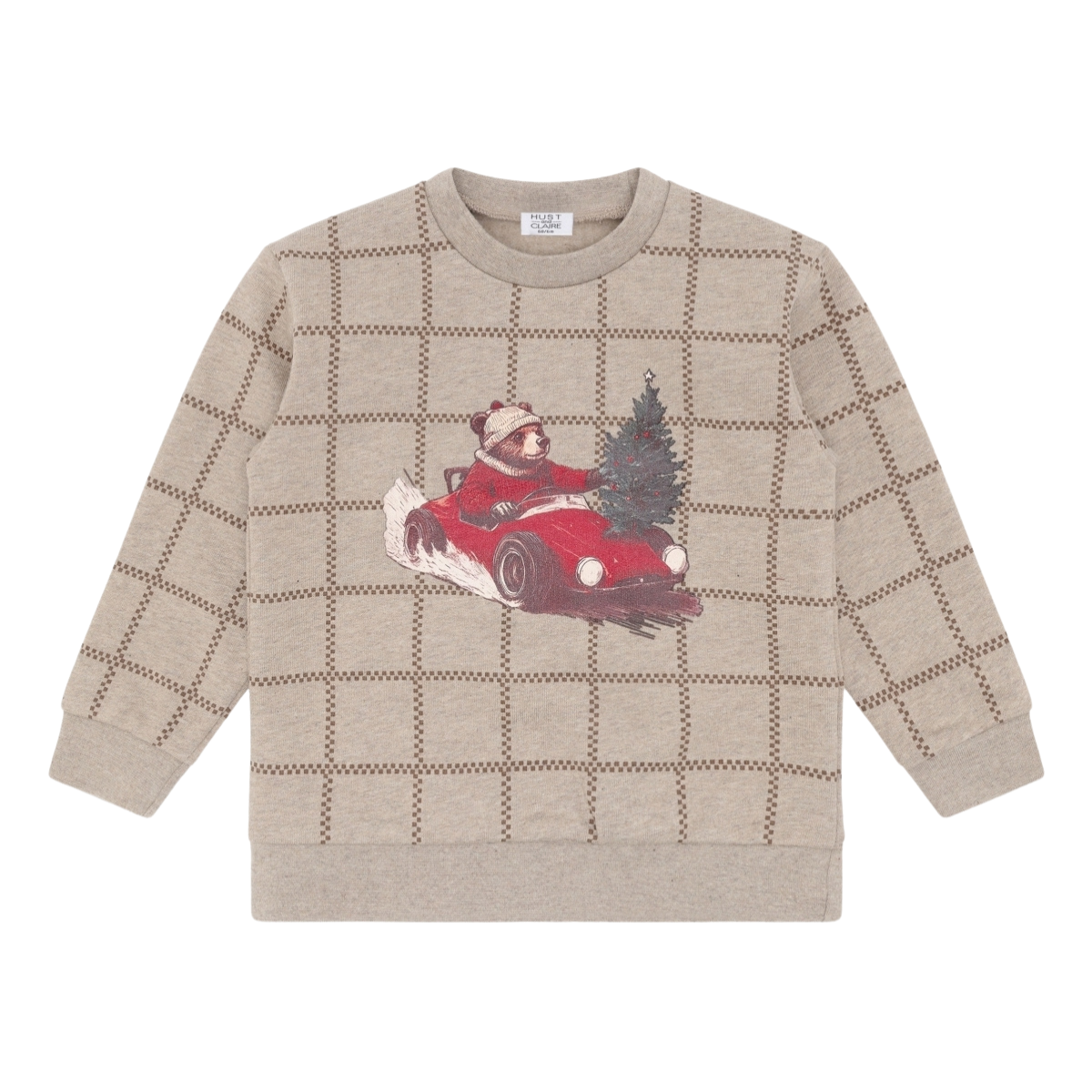 〖 Hust & Claire 〗淺咖格紋聖誕熊熊刷毛上衣