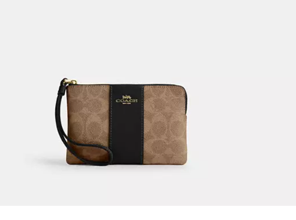 [U] COACH GOLD/TAN/BLACK CW854 CORNER ZIP WRISTLET IN SIGNATURE CANVAS WITH STRIPE, 196395548262 (UCO85)