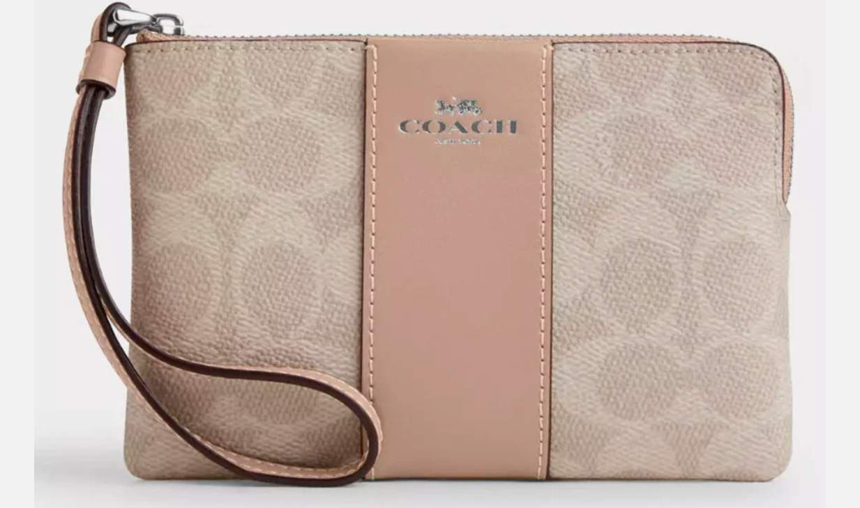 [U] COACH SILVER/SAND/TAUPE CW854 CORNER ZIP WRISTLET IN SIGNATURE CANVAS WITH STRIPE, 196395548491 (UCO86)