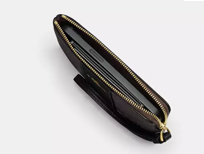 [U] COACH GOLD/WALNUT/BLACK CW854 CORNER ZIP WRISTLET IN SIGNATURE CANVAS WITH STRIPE, 196395548293 (UCO87)