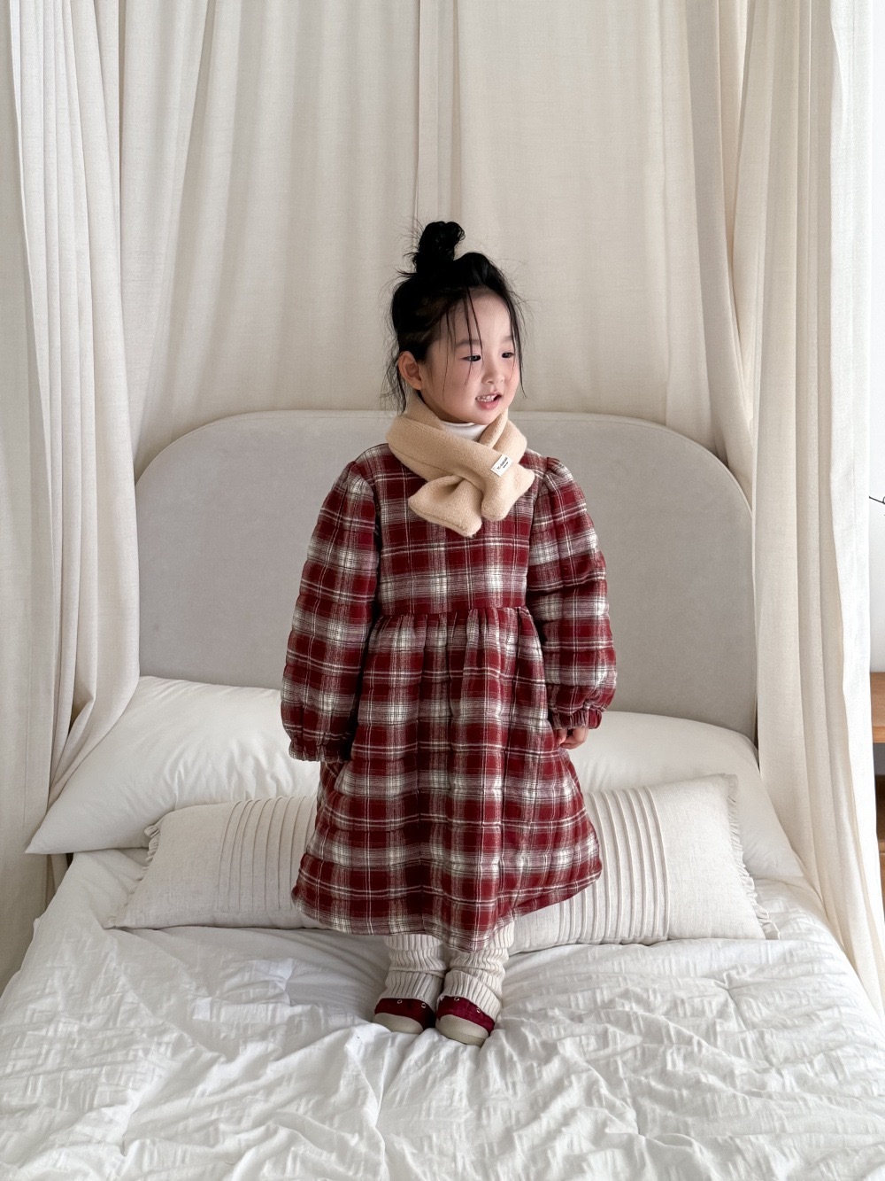 復古紅格子泡泡袖洋裝