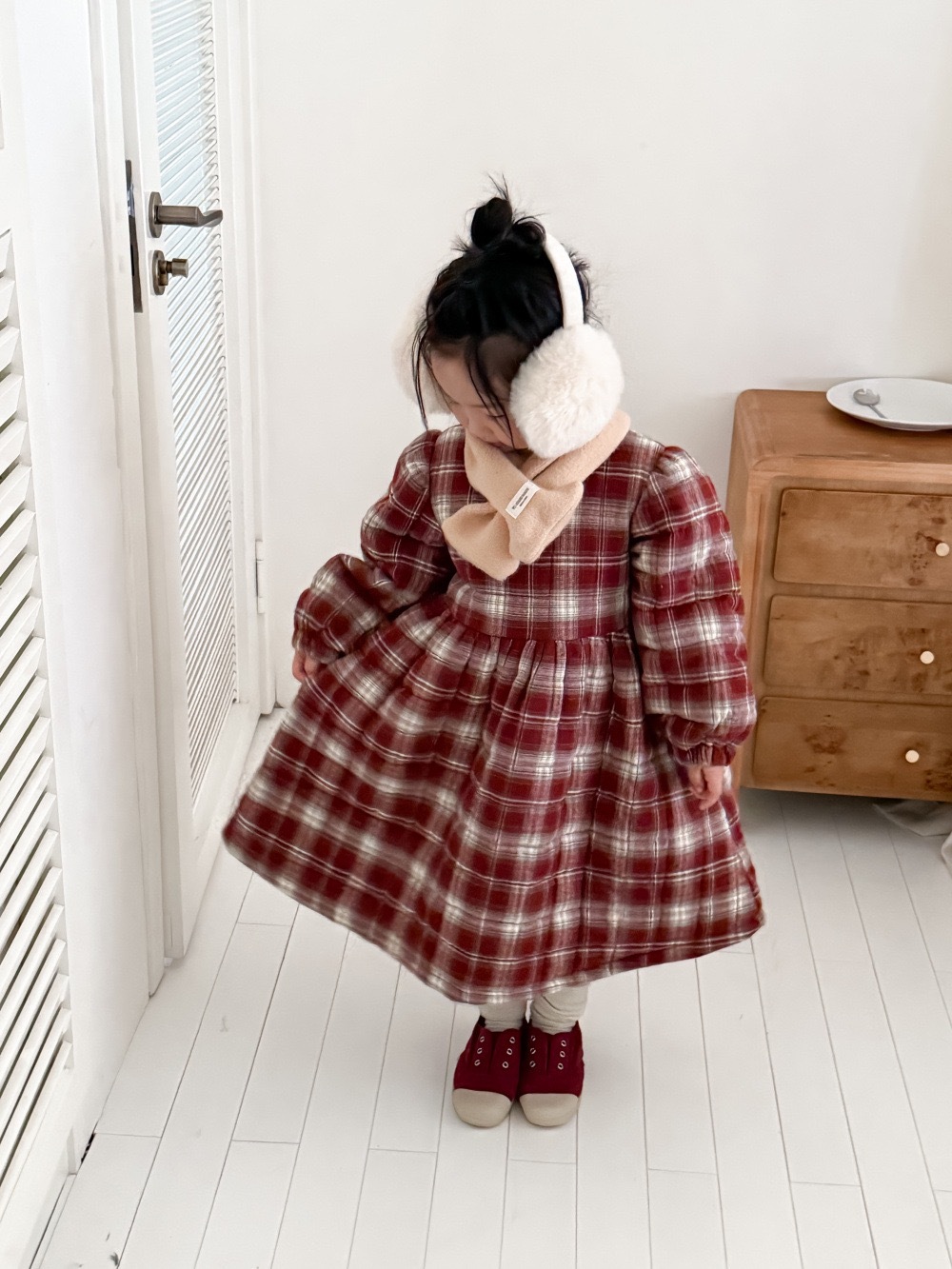 復古紅格子泡泡袖洋裝