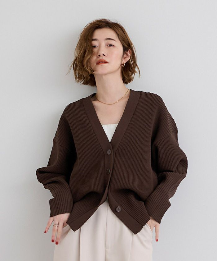 ur’s Vネックボリュームスリーブニットカーディガン咖啡色S（BDXU1532）