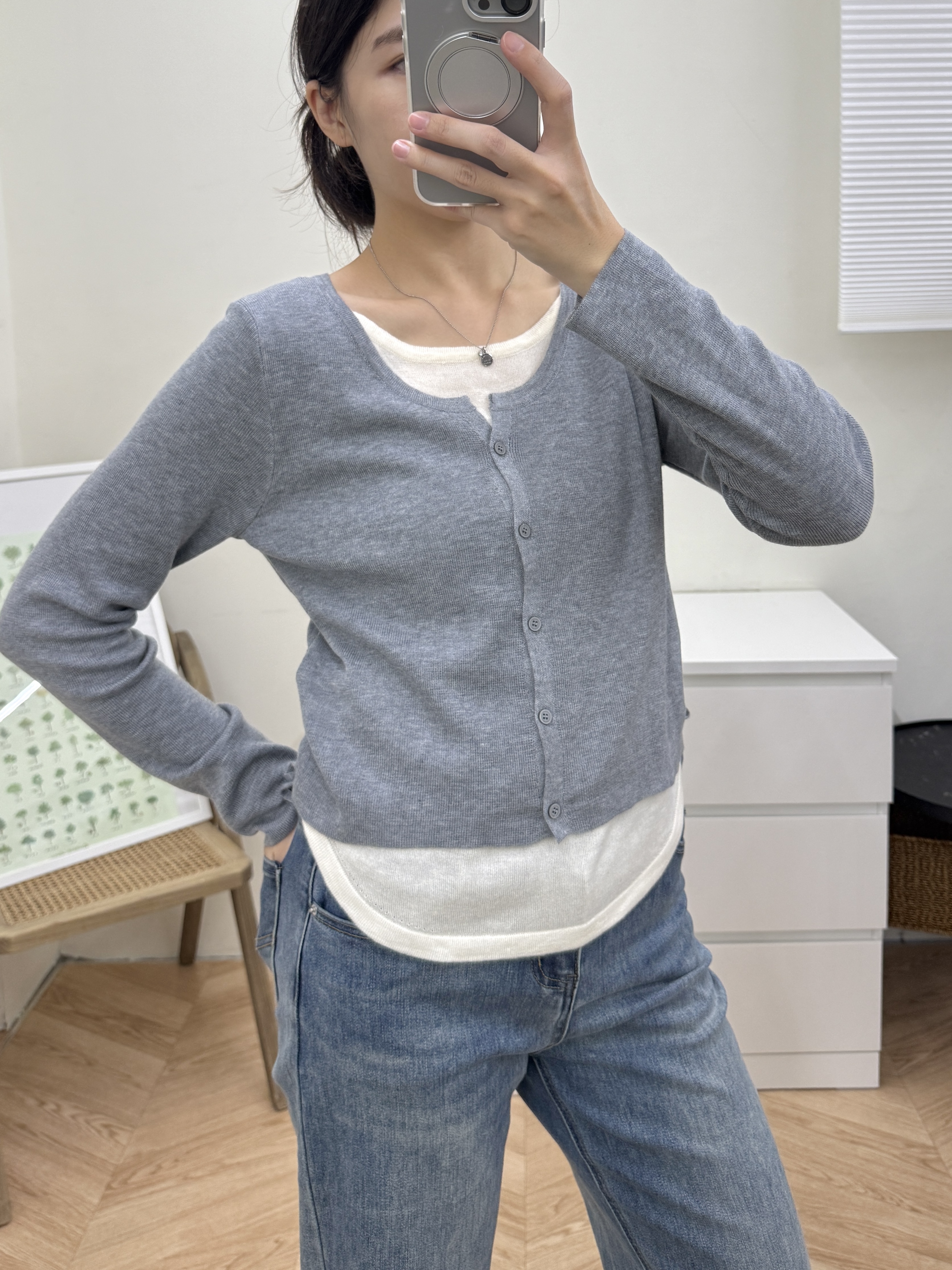 收腰針織假兩件上衣