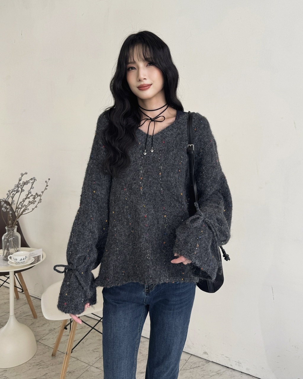 日感綁袖彩色亮片毛衣—3716