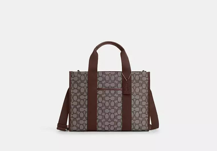 [U] COACH SILVER/OAK/MAPLE CAR78 SIGNATURE JACQUARD SMITH TOTE BAG 24, 196395774739 (UCO161)